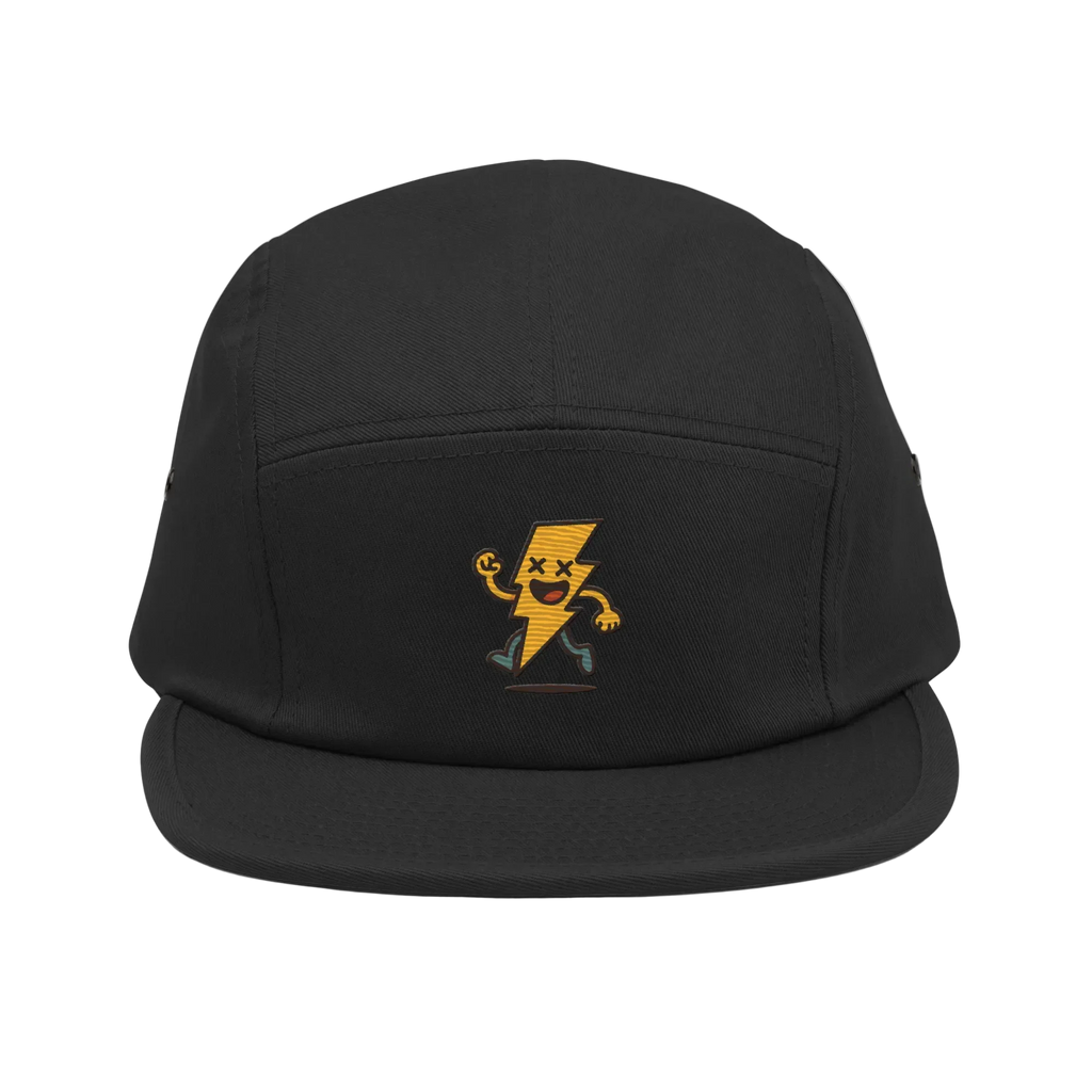 Gorra negra 5 paneles Doozy Headwear con rayo amarillo bordado, estilo urbano.