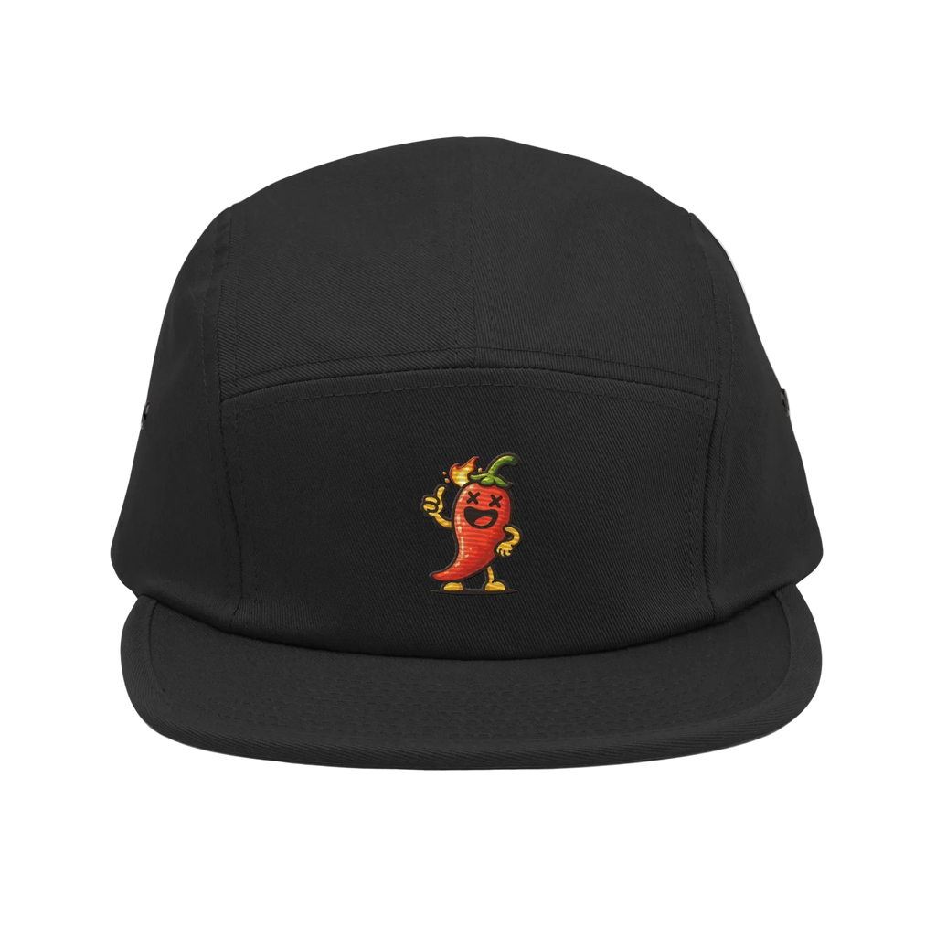 Gorra 5 paneles negra Doozy Headwear con bordado de chile animado en el frente
