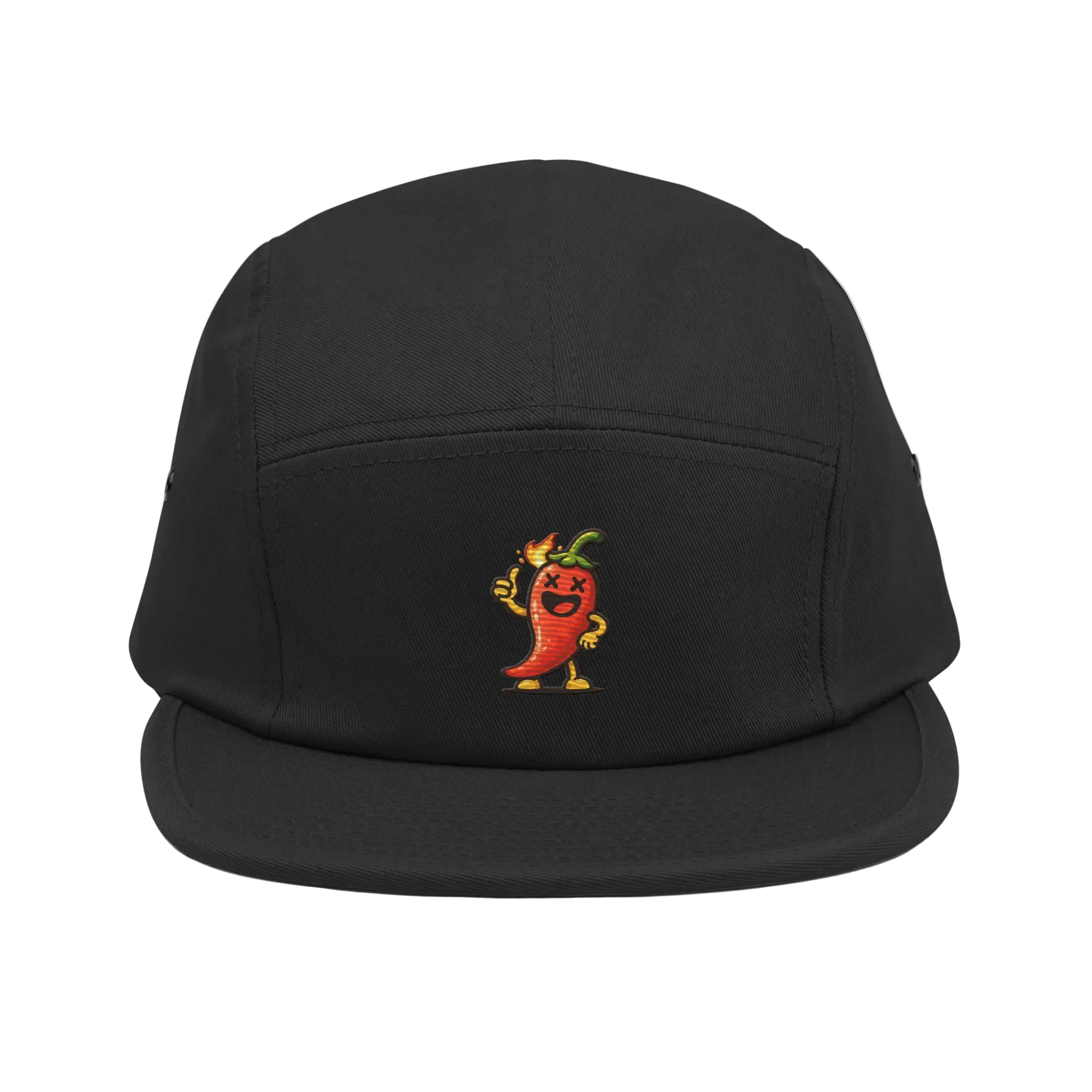 Gorra 5 paneles negra Doozy Headwear con bordado de chile animado en el frente