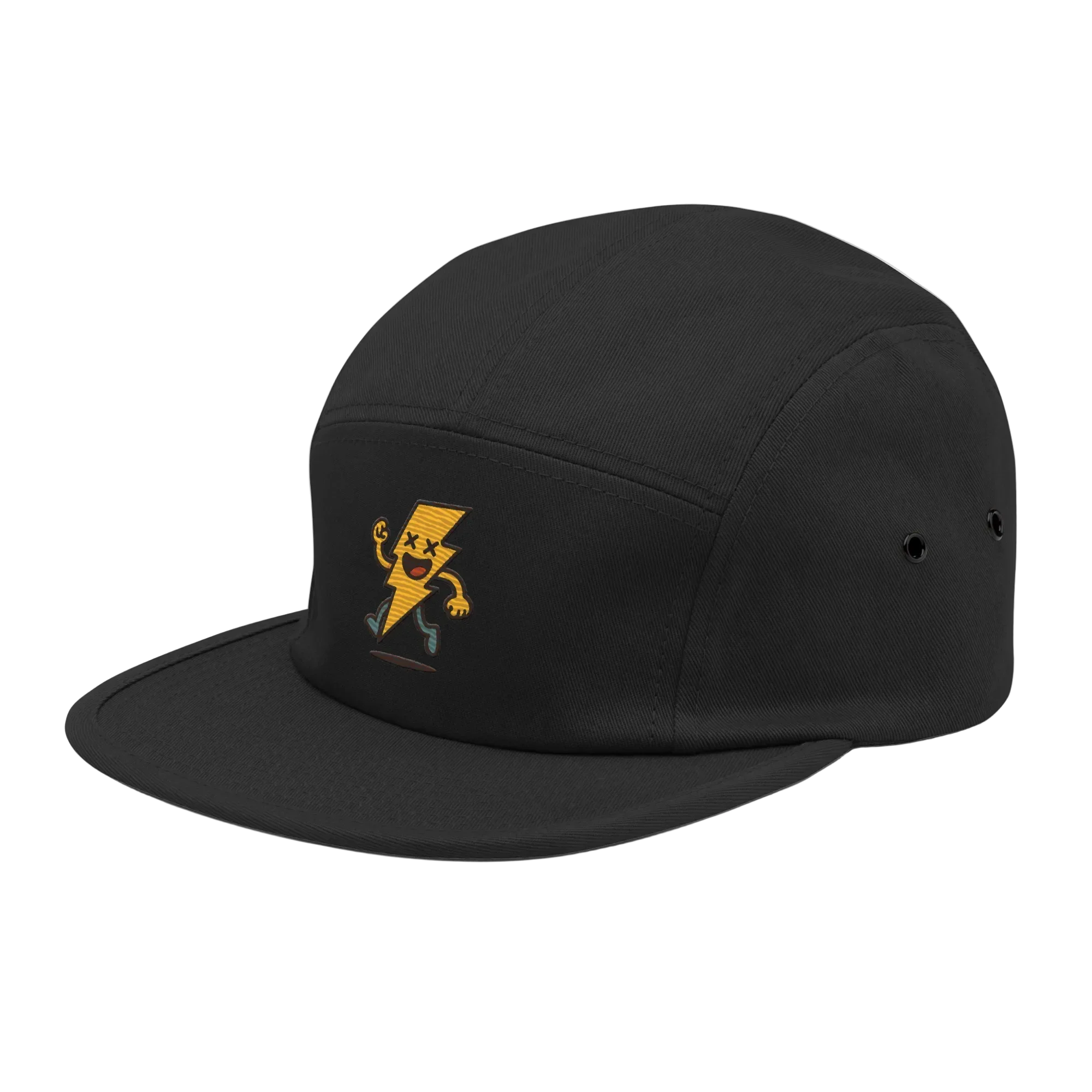 Gorra negra 5 paneles Doozy Headwear con rayo amarillo animado bordado en el frente
