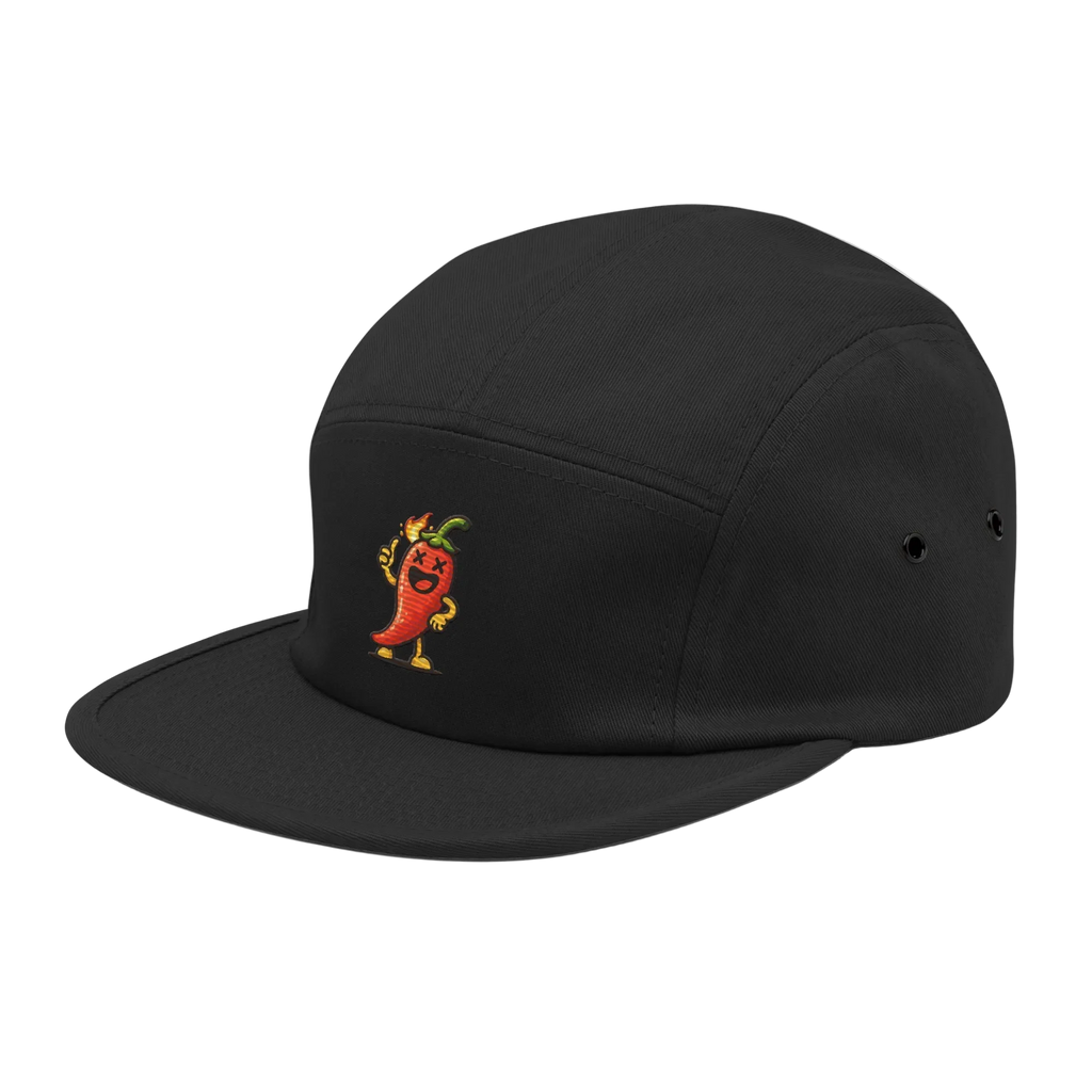 Gorra negra 5 paneles Doozy Headwear con logo de chile animado bordado al frente
