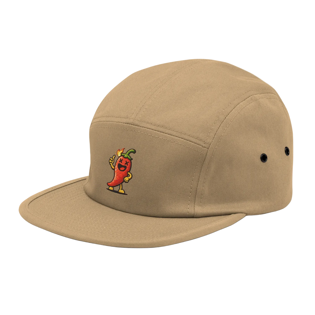 Gorra khaki de cinco paneles Doozy Headwear con dibujo de chile animado al frente