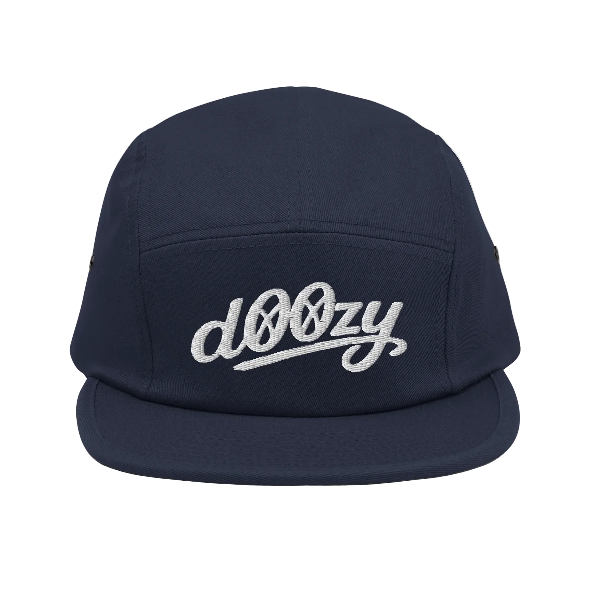 Gorra azul marino de cinco paneles Doozy Headwear con logo bordado blanco al frente