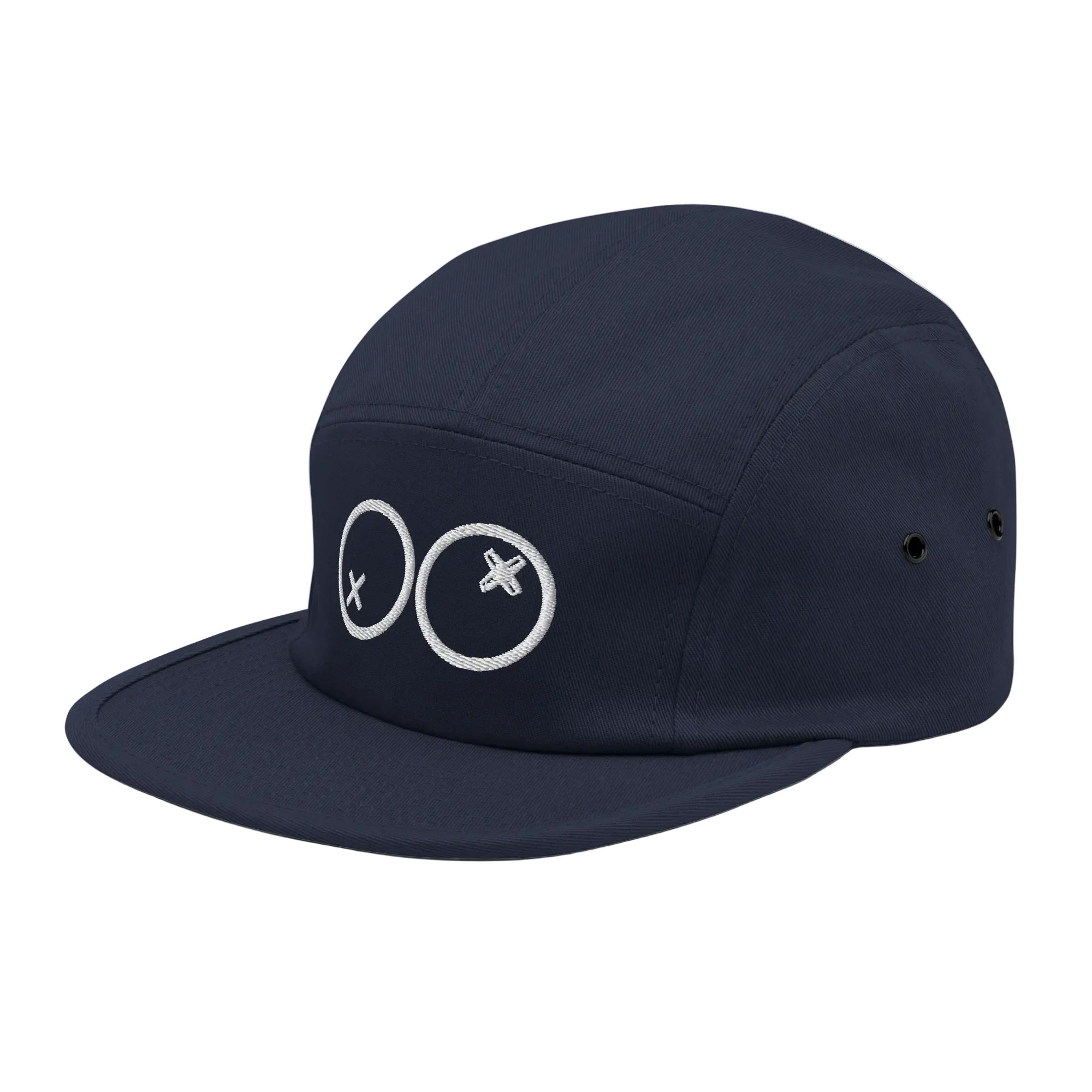 Gorra azul marino de cinco paneles Doozy Headwear con bordado blanco de dos círculos con X
