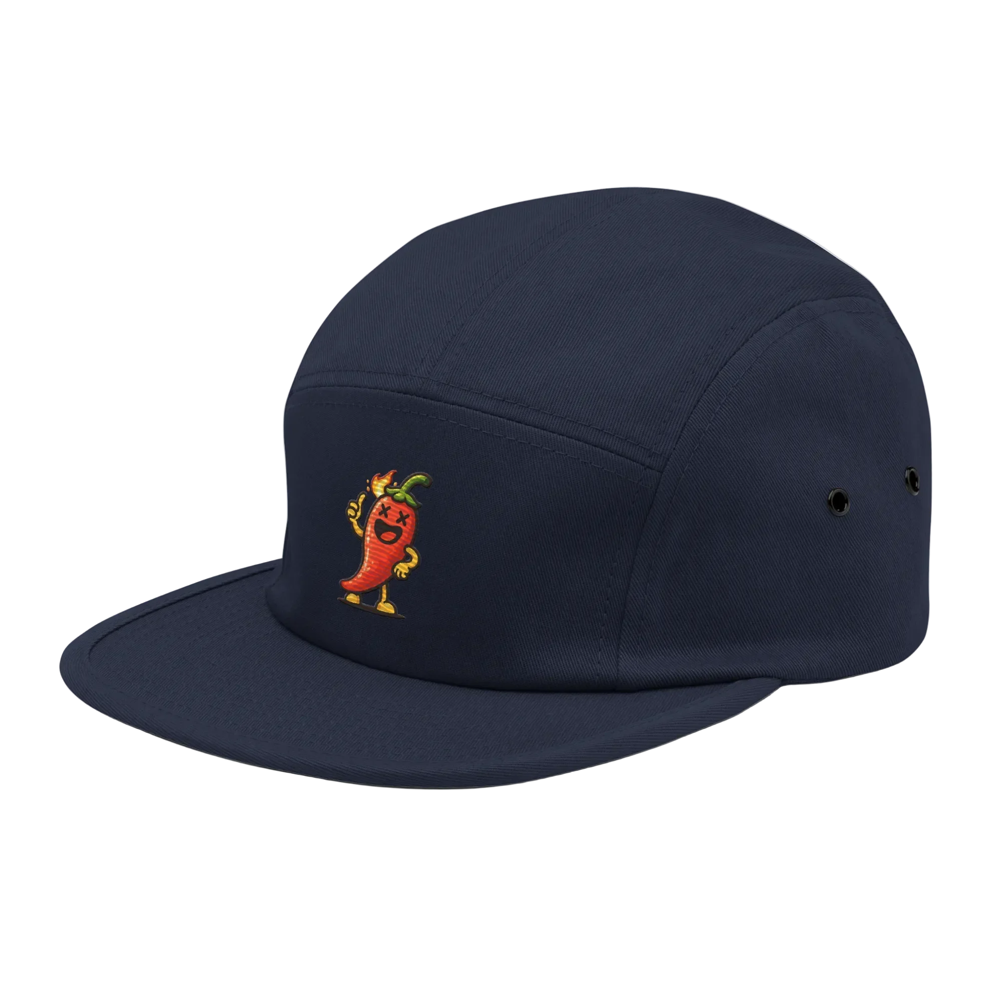 Gorra 5 paneles azul marino Doozy Headwear con parche de chile animado en el frente