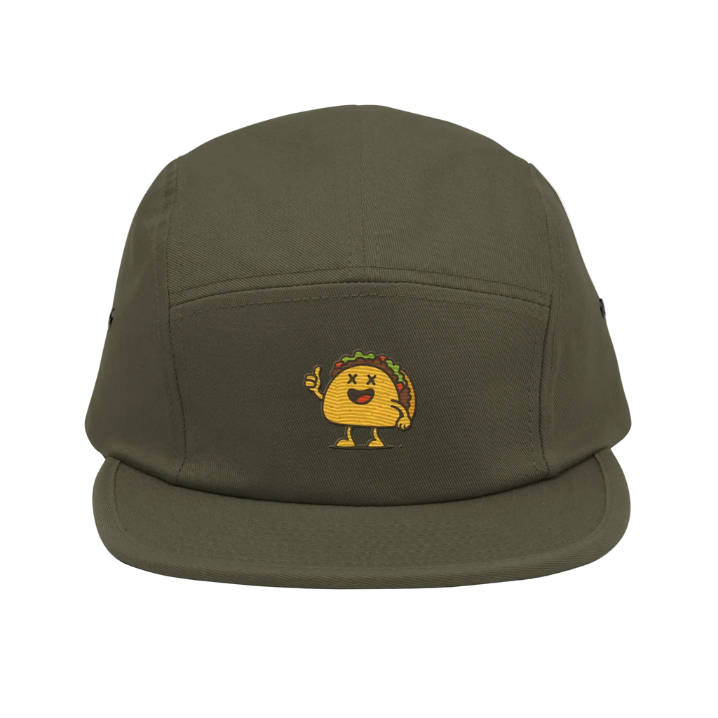 Gorra verde oliva Doozy Headwear con taco bordado en el frente, diseño original dOOzy.