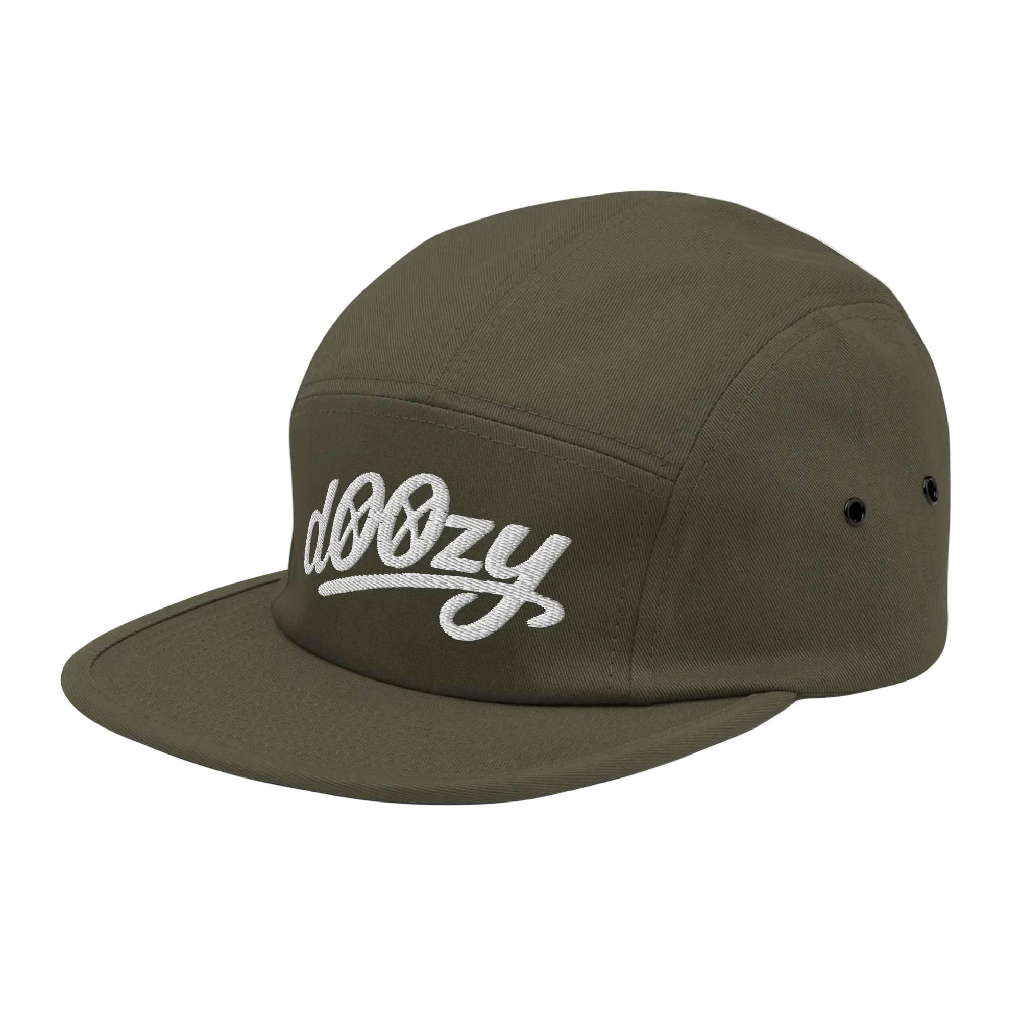 Gorra 5 paneles oliva con logo bordado dOOzy de Doozy Headwear, vista lateral frontal