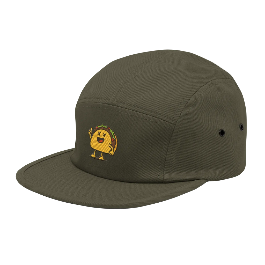 Gorra cinco paneles oliva Doozy Headwear con logo bordado de taco caricatura