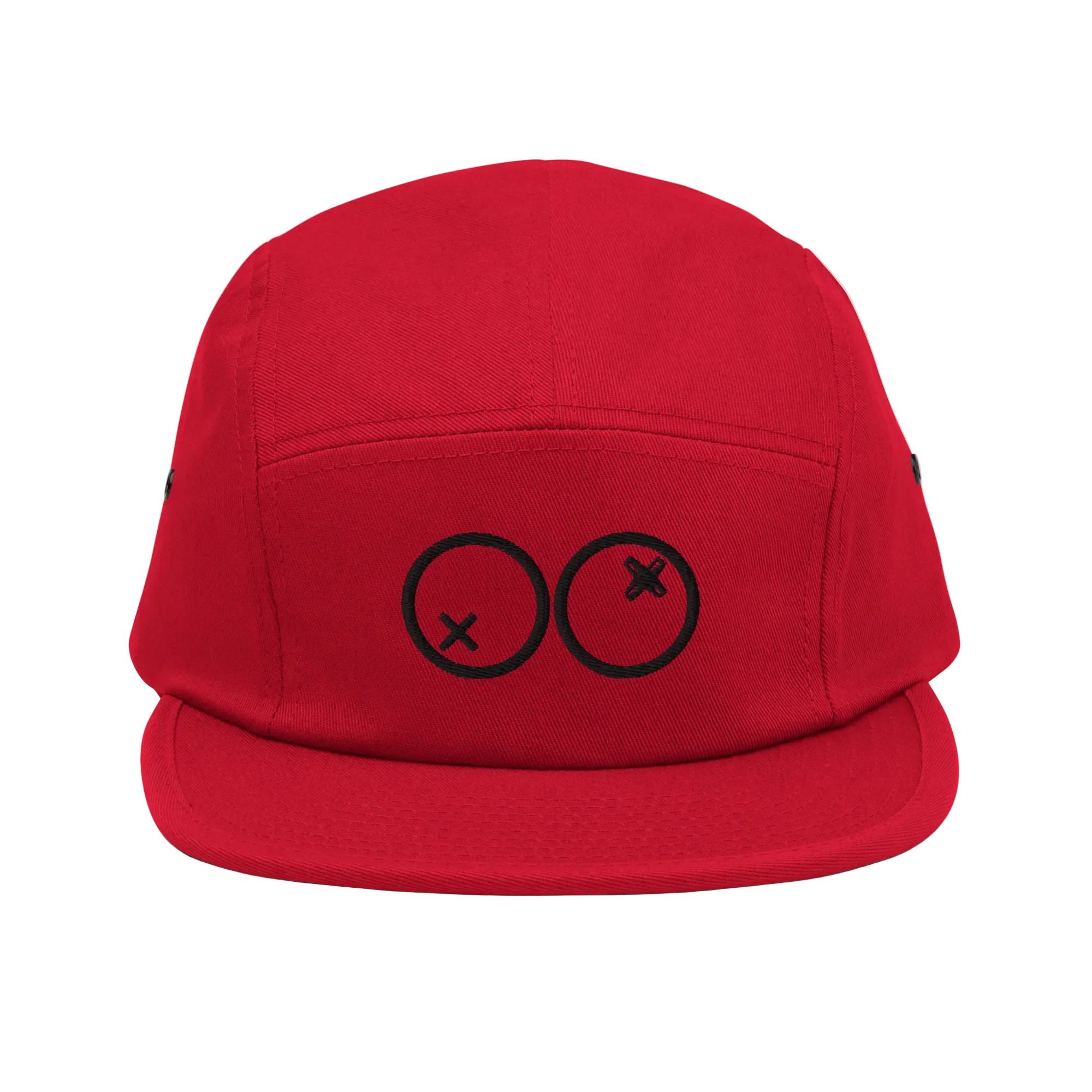 Gorra roja 5 paneles Doozy Headwear con logo dOOzy bordado en negro en el frente