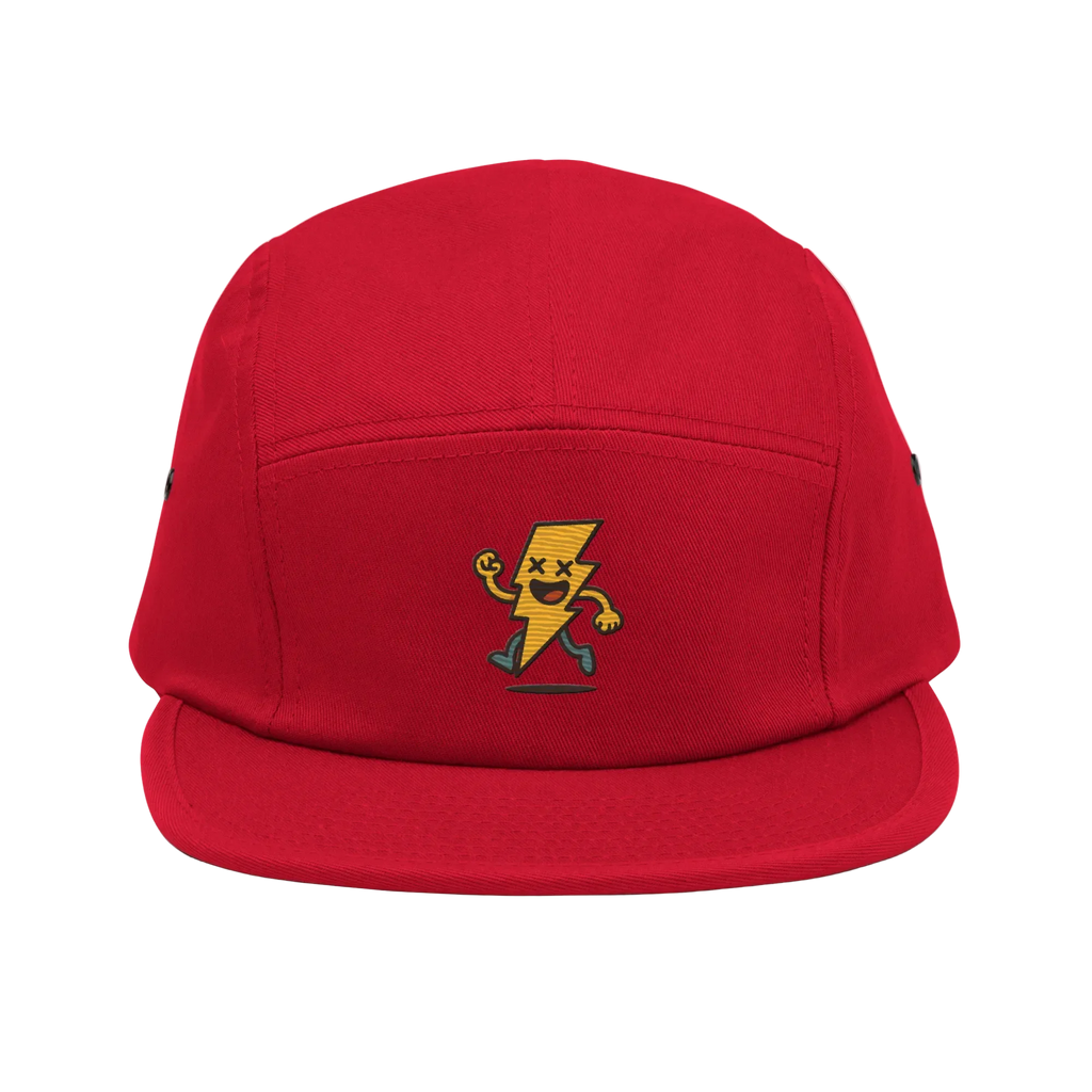 Gorra roja de cinco paneles Doozy Headwear con rayo amarillo bordado en el frente