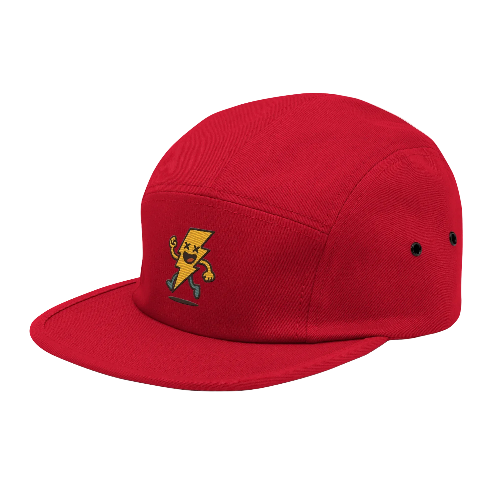 Gorra 5 paneles roja Doozy Headwear con rayo animado bordado en el frente
