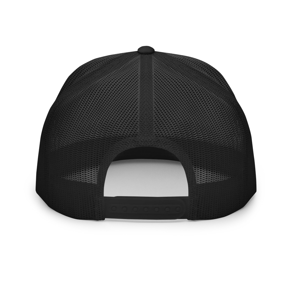 Gorra trucker negra de malla de 5 paneles, vista trasera, Doozy Headwear