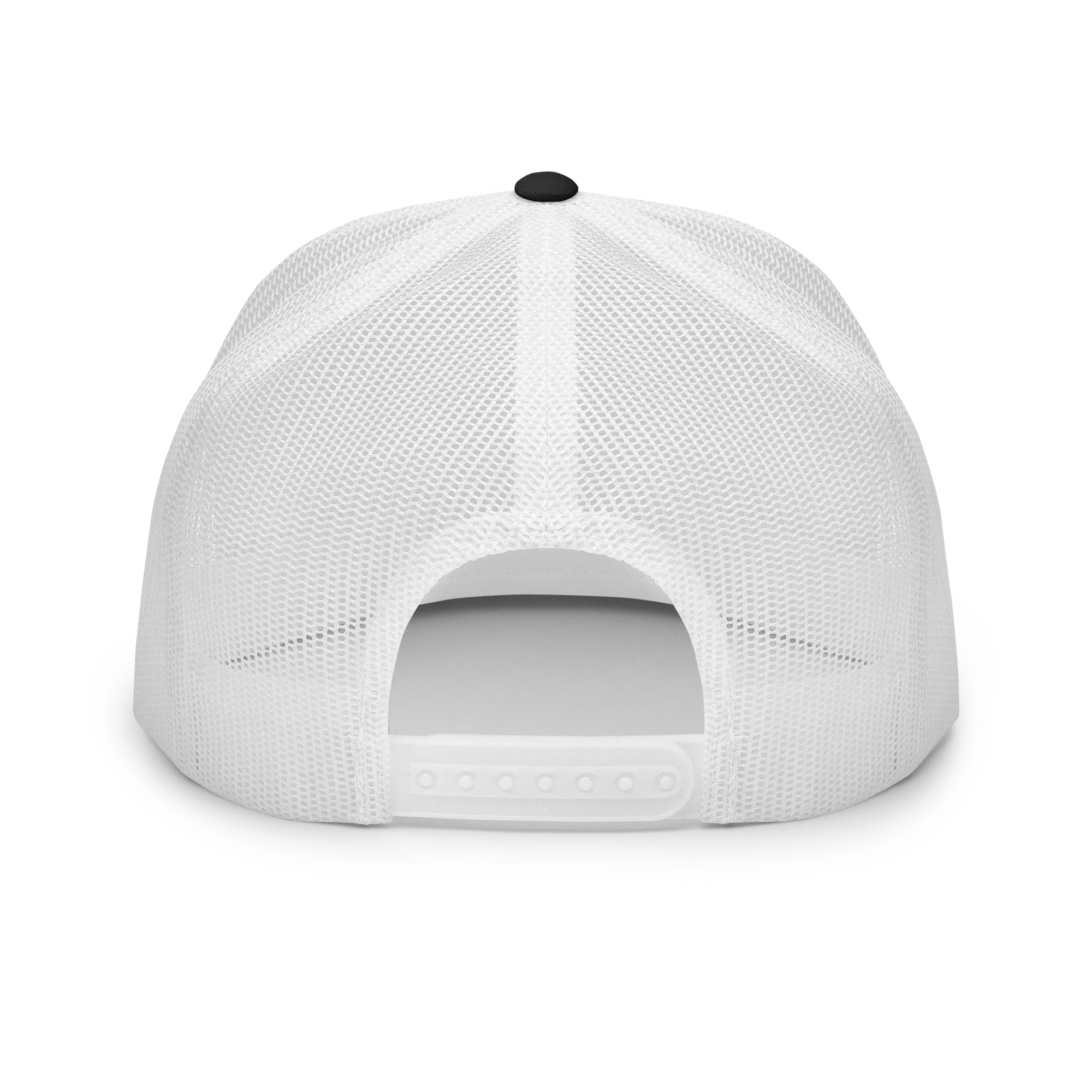 Gorra trucker de malla blanca de cinco paneles vista trasera, Doozy Headwear.