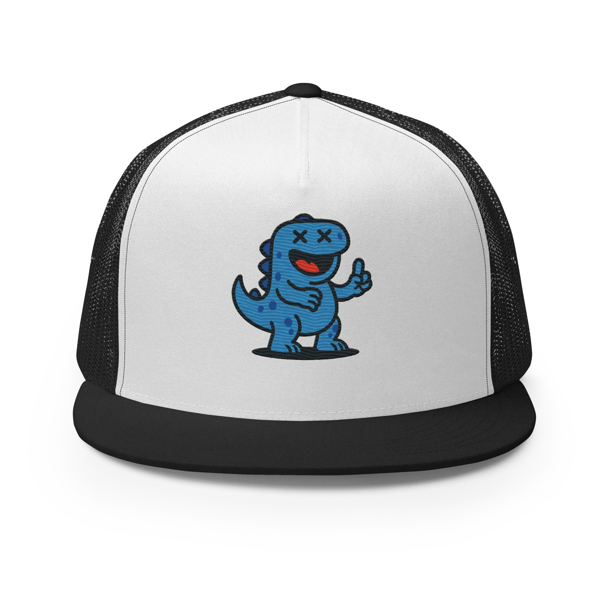 Gorra trucker negra y blanca Doozy Headwear con dibujo de dinosaurio azul en el frente