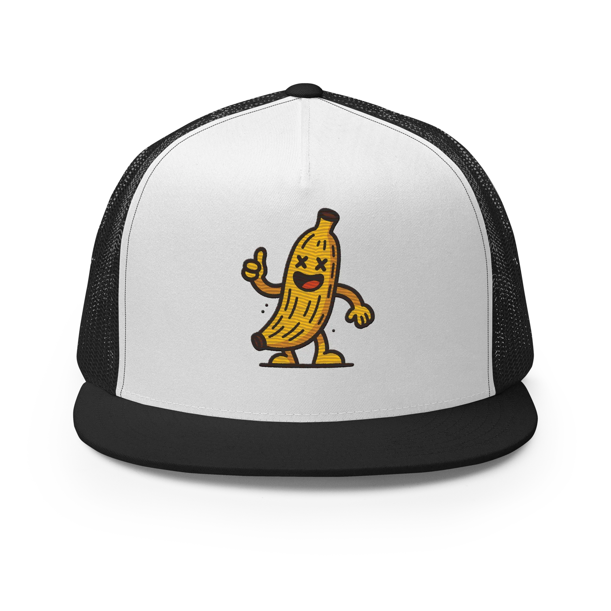 Gorra trucker negra y blanca Doozy Headwear con dibujo de plátano animado al frente