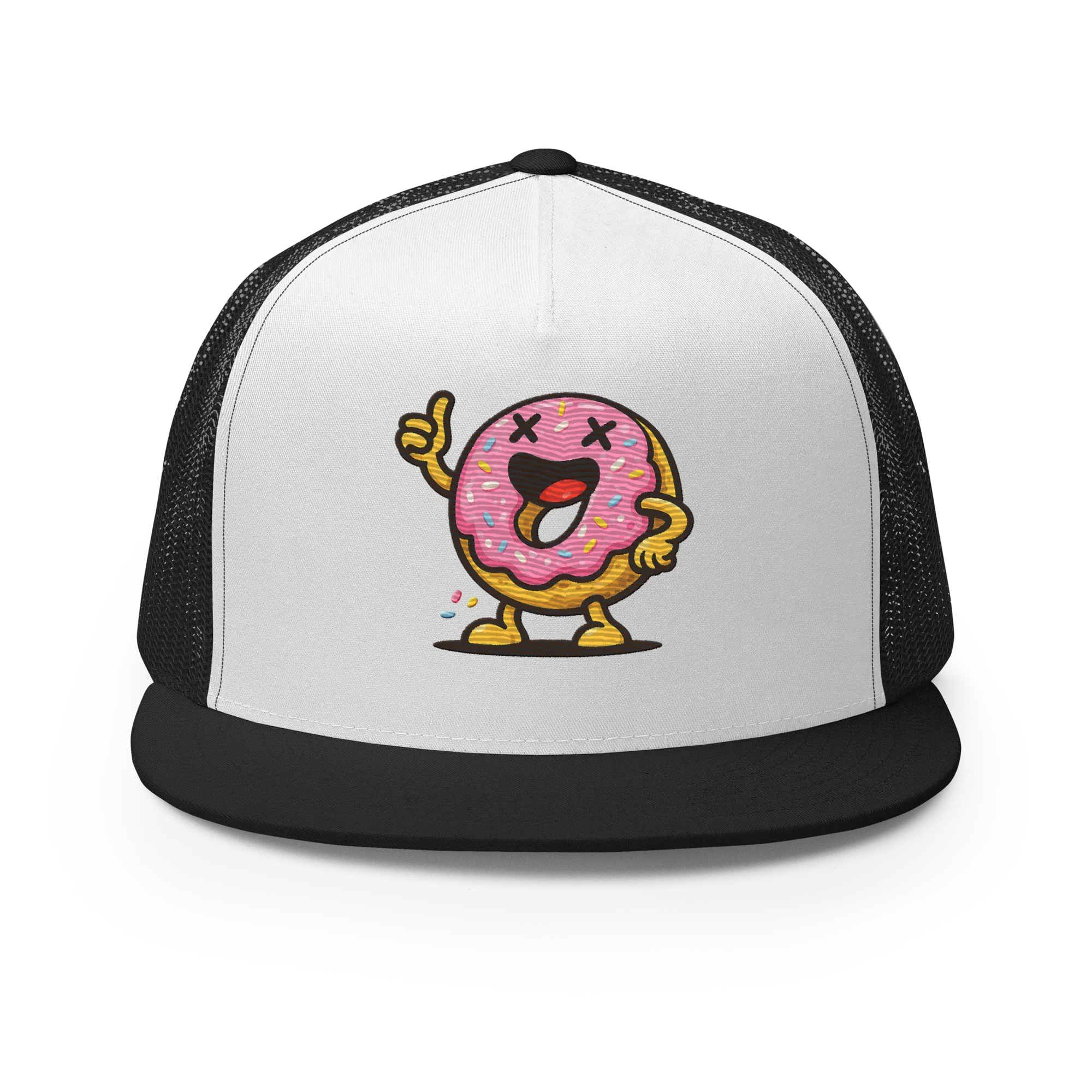 Gorra trucker Doozy Headwear negra y blanca con dibujo de dona sonriente