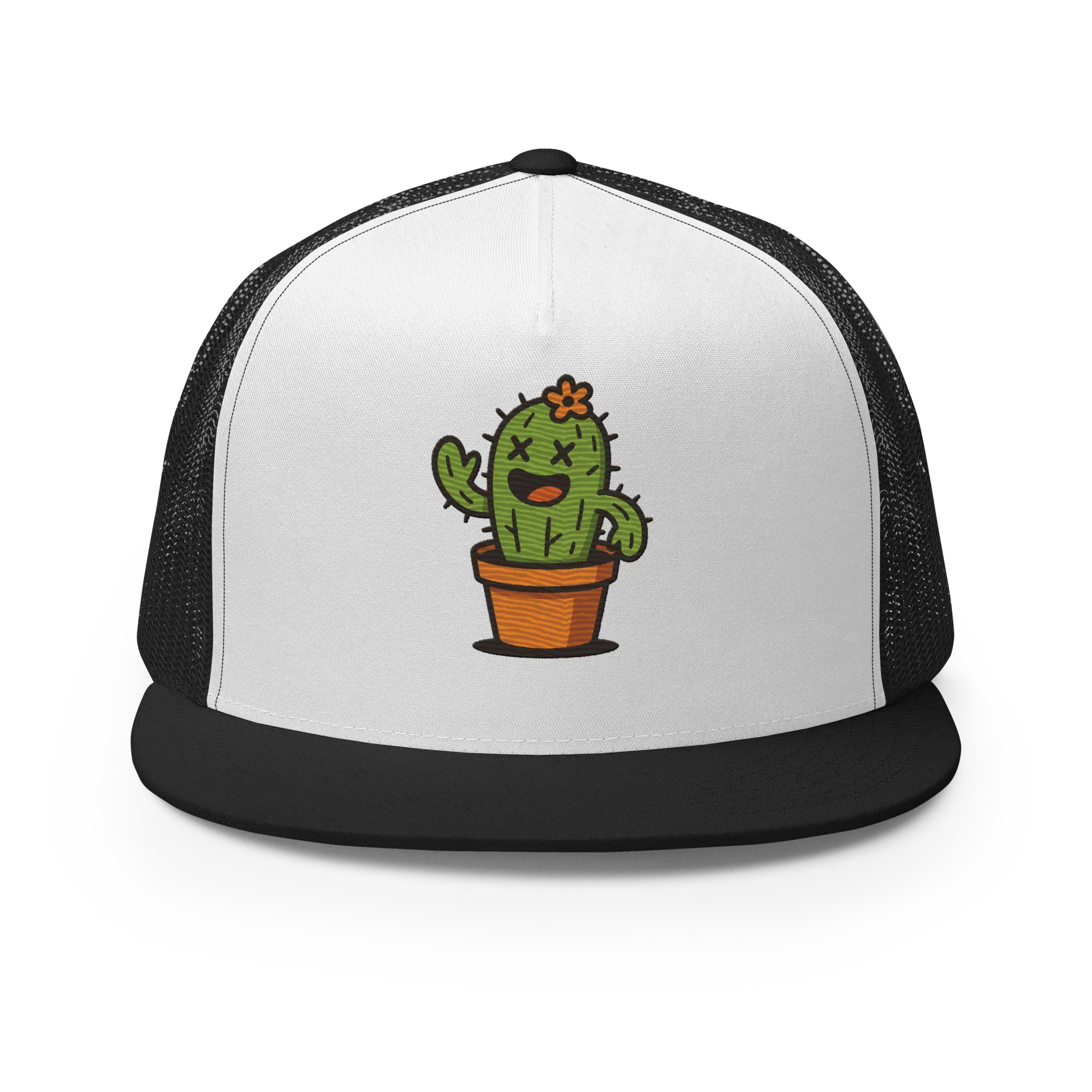 Gorra trucker negra y blanca Doozy Headwear con dibujo de cactus en maceta en el frente