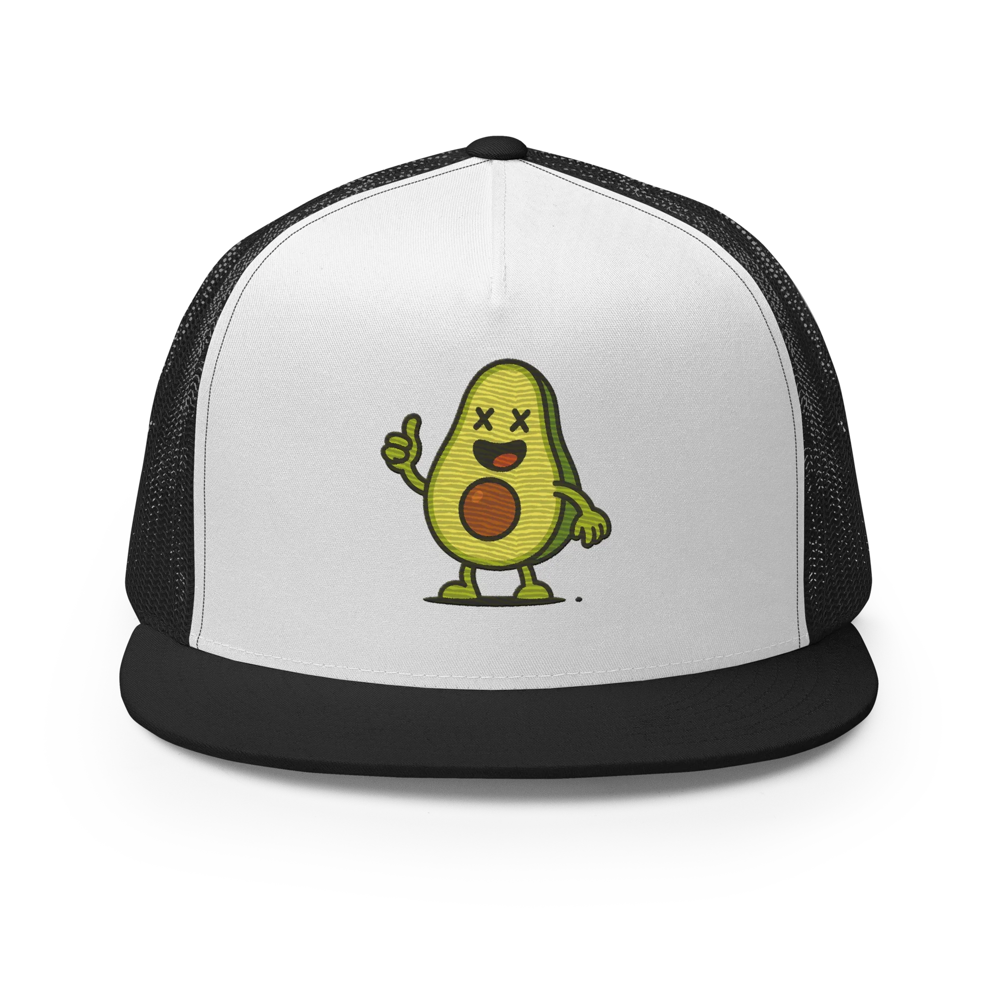 Gorra trucker 5 paneles Doozy Headwear negra y blanca con dibujo de aguacate animado