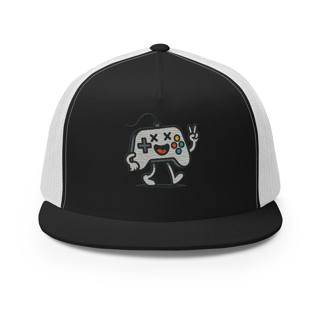 Gorra trucker negra y blanca Doozy Headwear con diseño de mando de videojuego animado en el frente