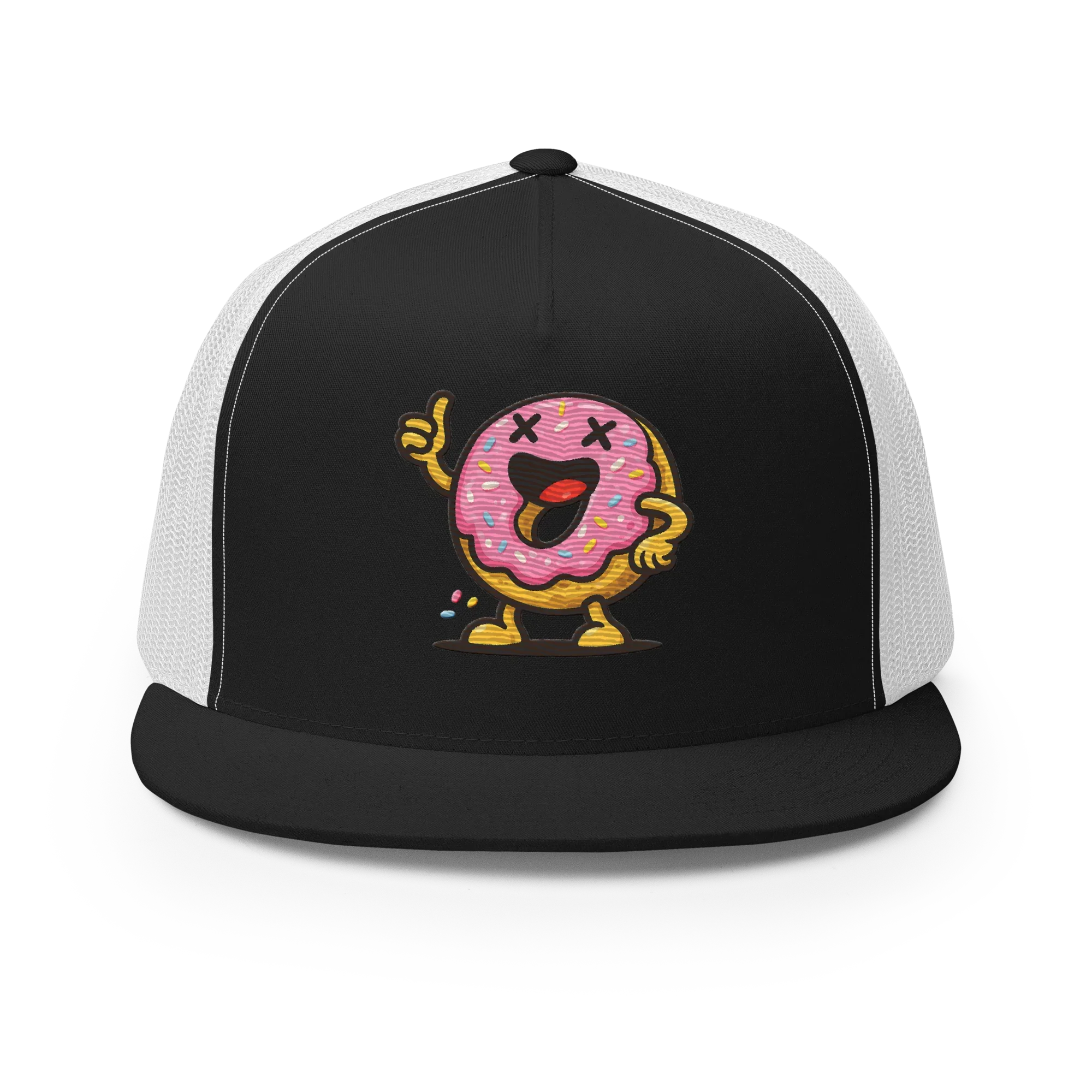 Gorra trucker negra y blanca Doozy Headwear con donut rosa ilustrado al frente