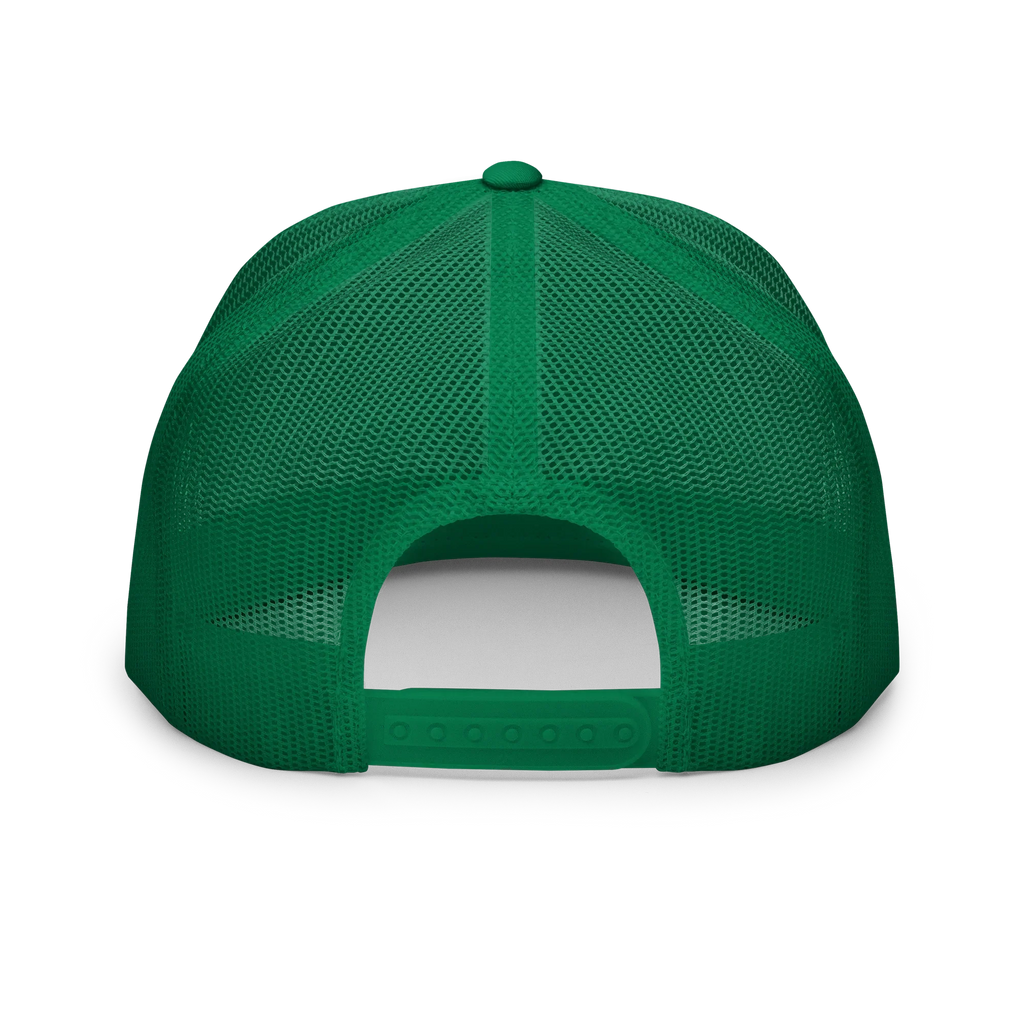 Vista trasera de gorra trucker verde Kelly con malla y broche ajustable, Doozy Headwear