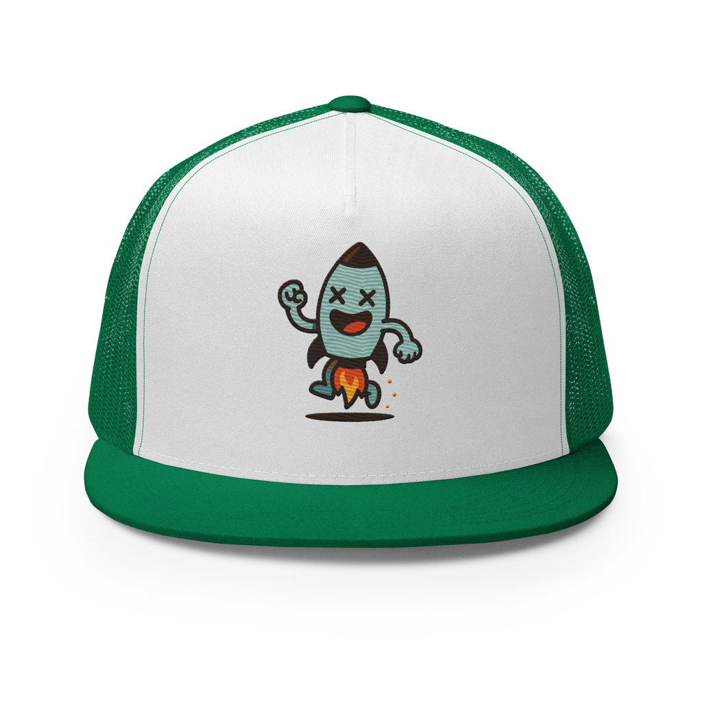 Gorra trucker verde y blanca Doozy Headwear con dibujo de cohete animado al frente