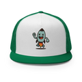 Gorra trucker verde y blanca Doozy Headwear con dibujo de cohete animado al frente