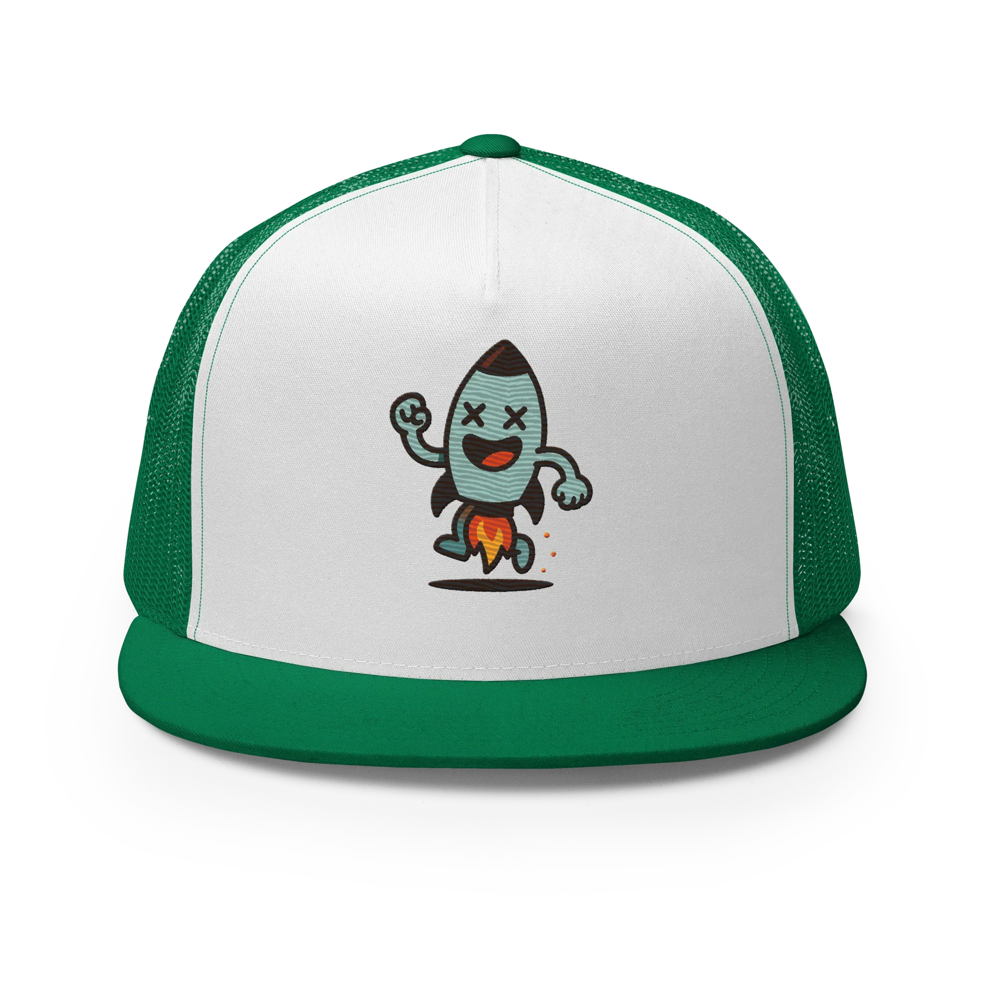 Gorra trucker verde y blanca Doozy Headwear con dibujo de cohete animado al frente