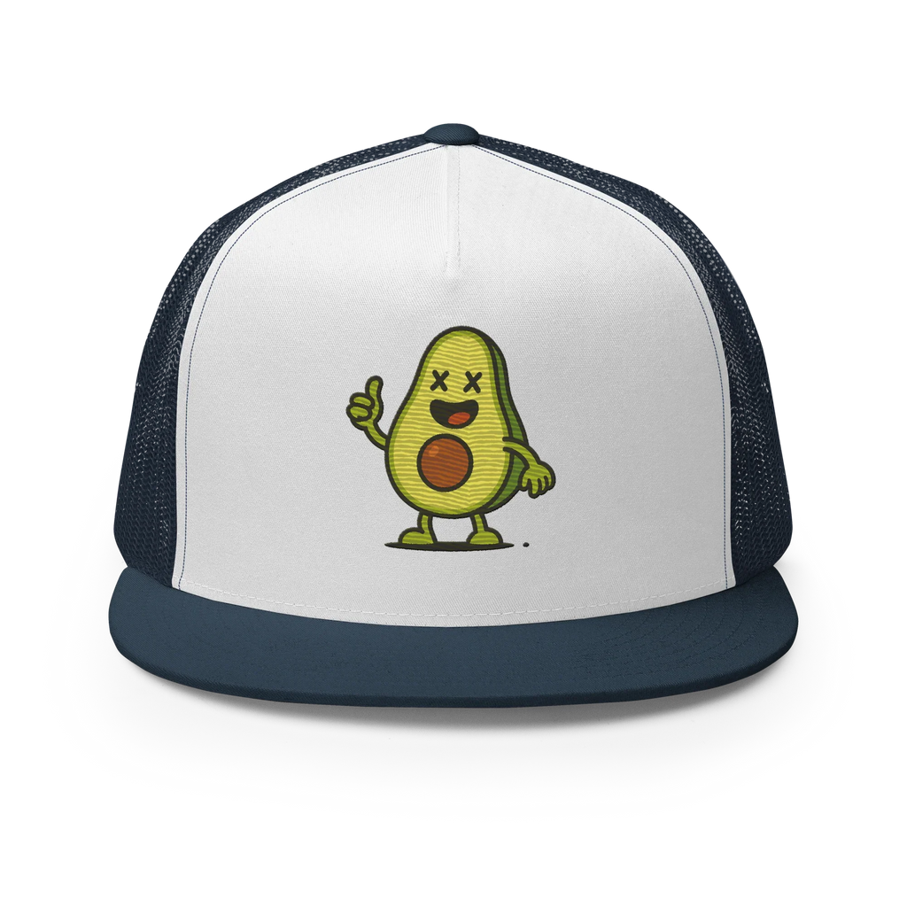Gorra trucker azul marino y blanca Doozy Headwear con dibujo de aguacate animado