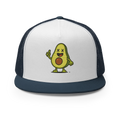 Gorra trucker azul marino y blanca Doozy Headwear con dibujo de aguacate animado