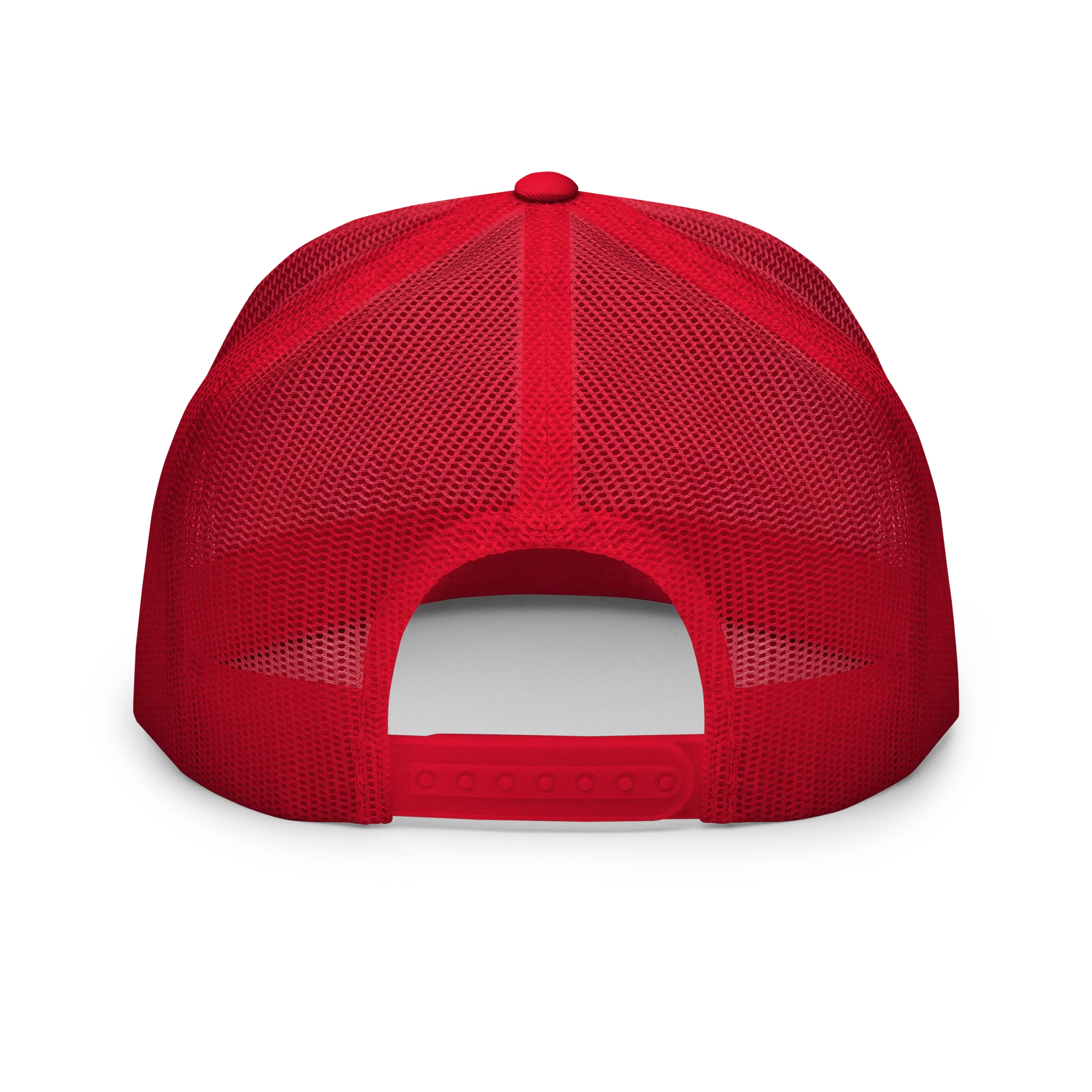 Gorra trucker roja de malla, vista trasera, Doozy Headwear, ajuste ajustable