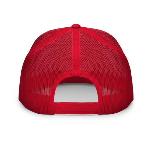Gorra trucker roja de malla con cierre ajustable, vista trasera, Doozy Headwear