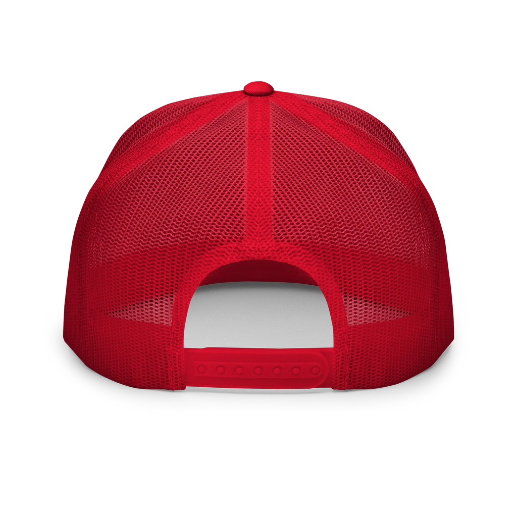 Gorra trucker roja de malla con broche ajustable, Doozy Headwear, vista trasera