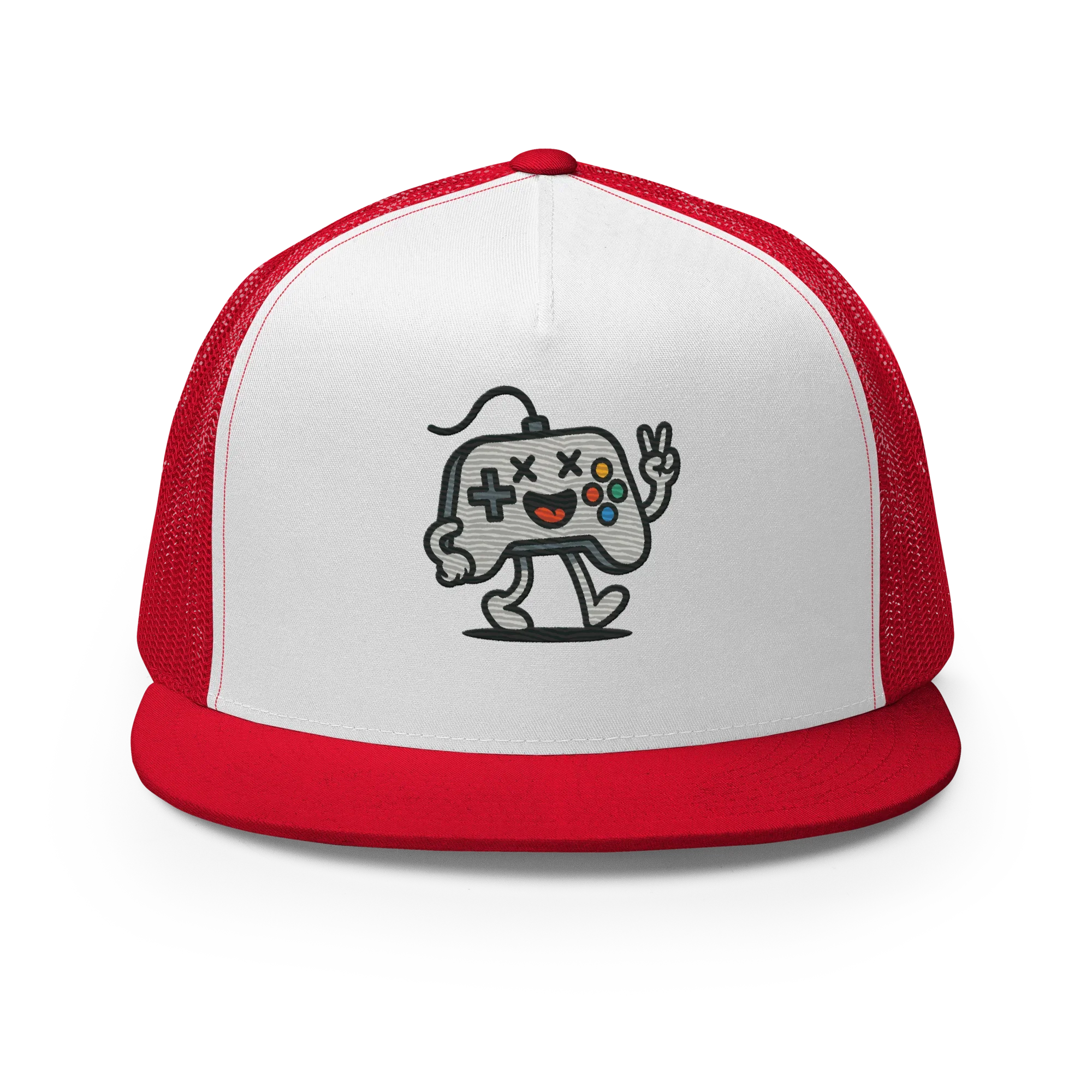 Gorra trucker Doozy Headwear rojo y blanco con dibujo de control de videojuego animado