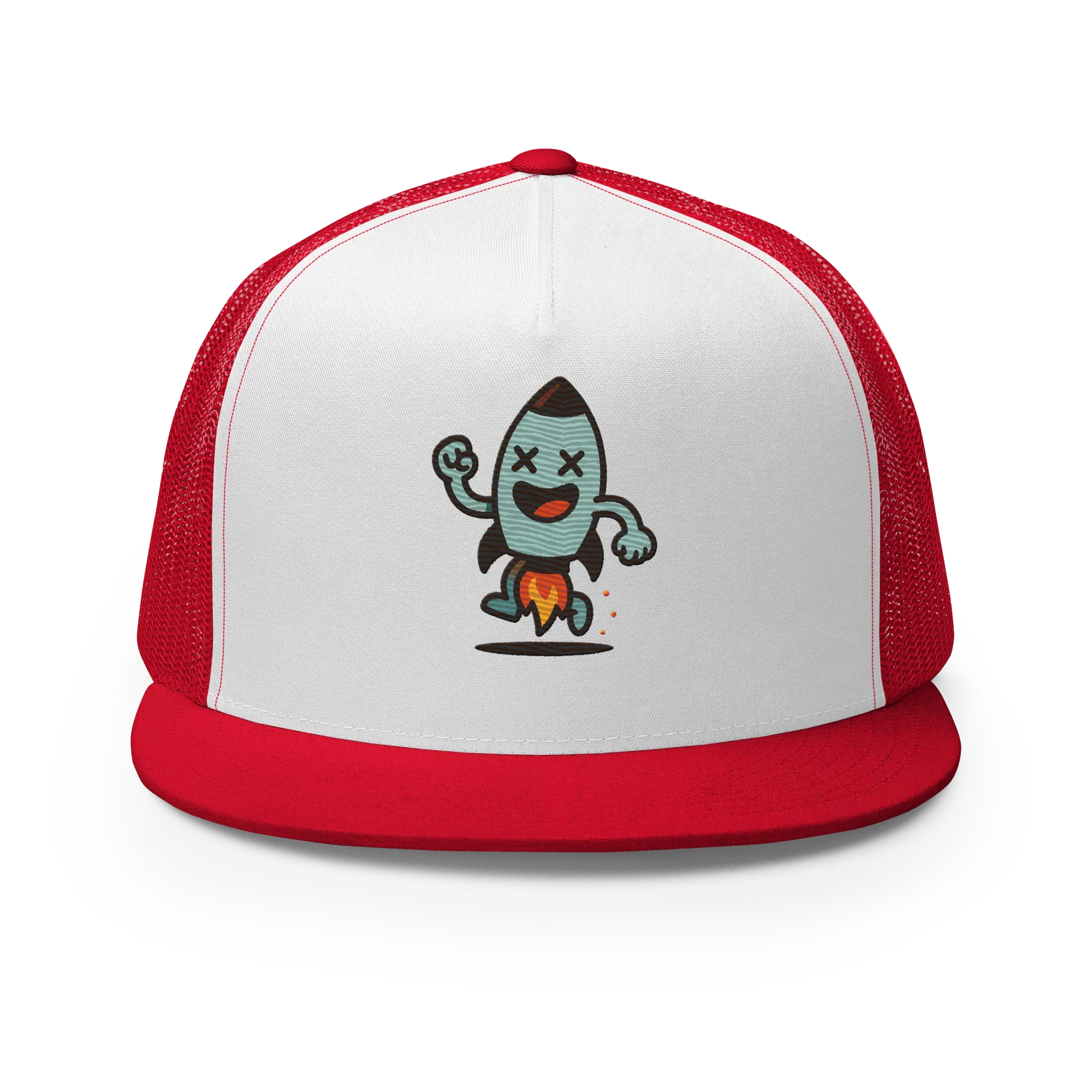 Gorra trucker Doozy Headwear roja y blanca con dibujo de cohete divertido al frente