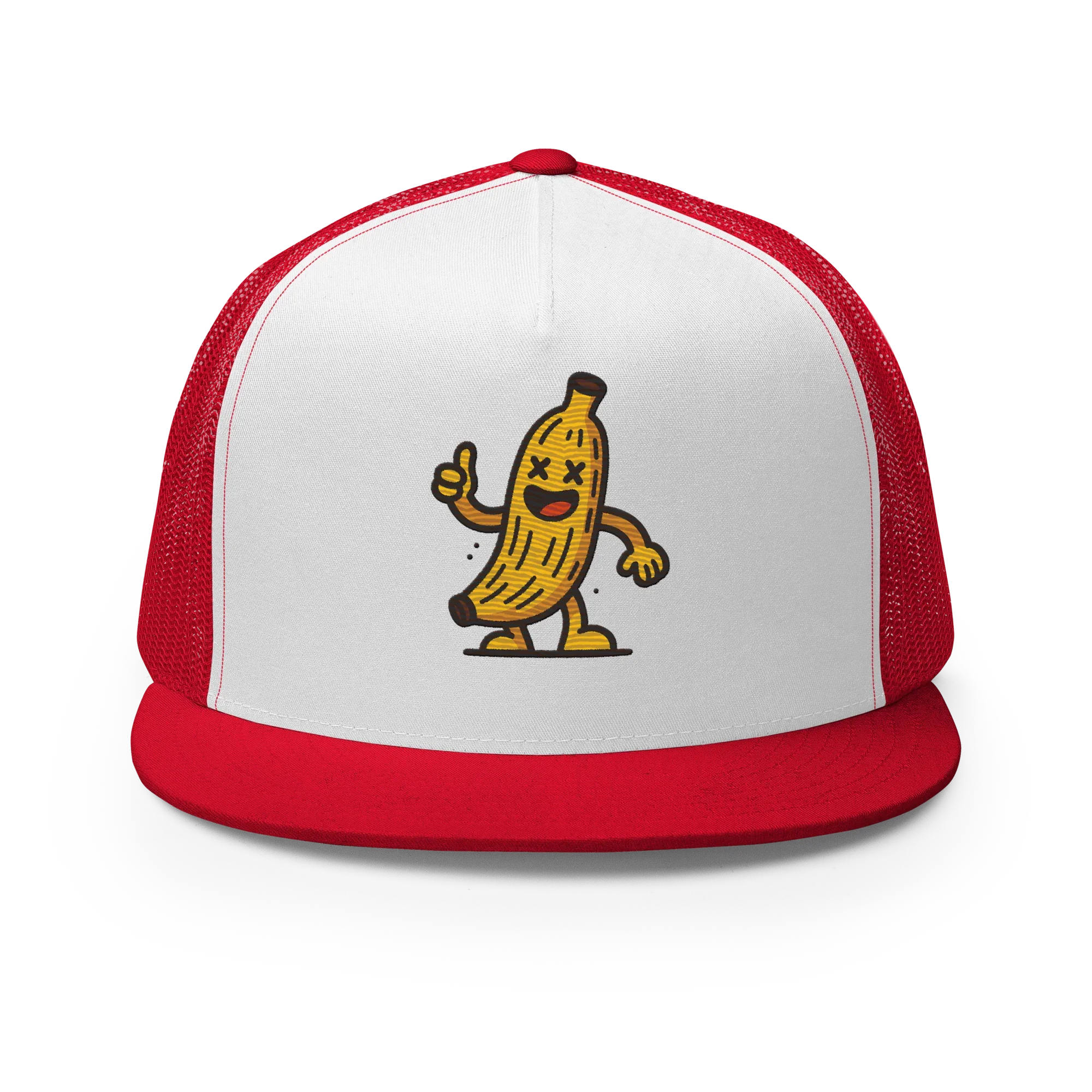 Gorra trucker Doozy Headwear paneles rojos y blancos, dibujo plátano animado al frente