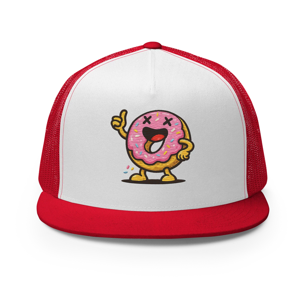 Gorra trucker Doozy Headwear roja y blanca con dibujo de dona sonriente en el frente
