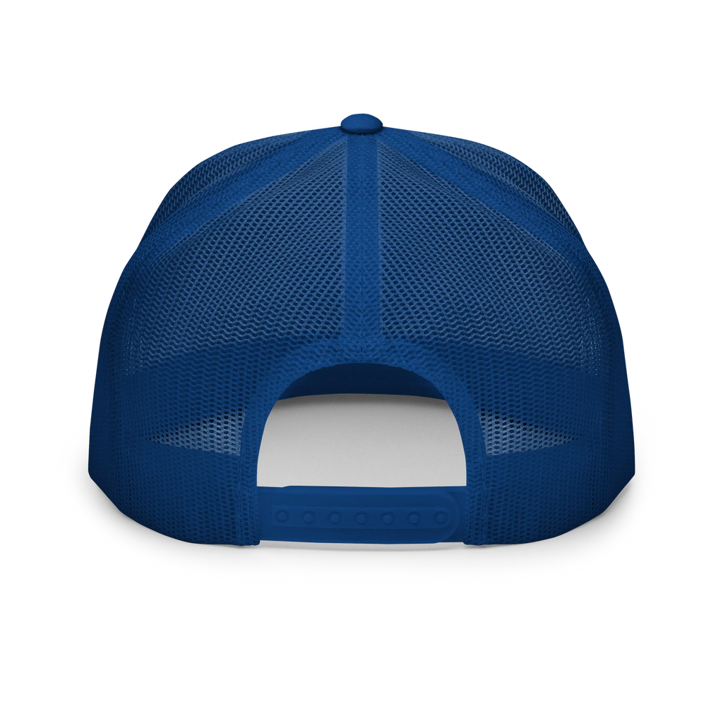 Gorra trucker azul con malla, vista trasera, Doozy Headwear, ajustable
