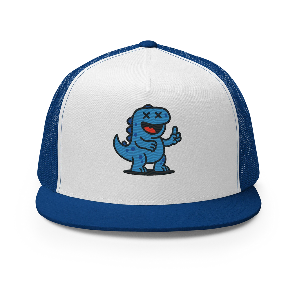 Gorra trucker 5 paneles azul y blanca Doozy Headwear con dibujo de dinosaurio azul animado en el frente