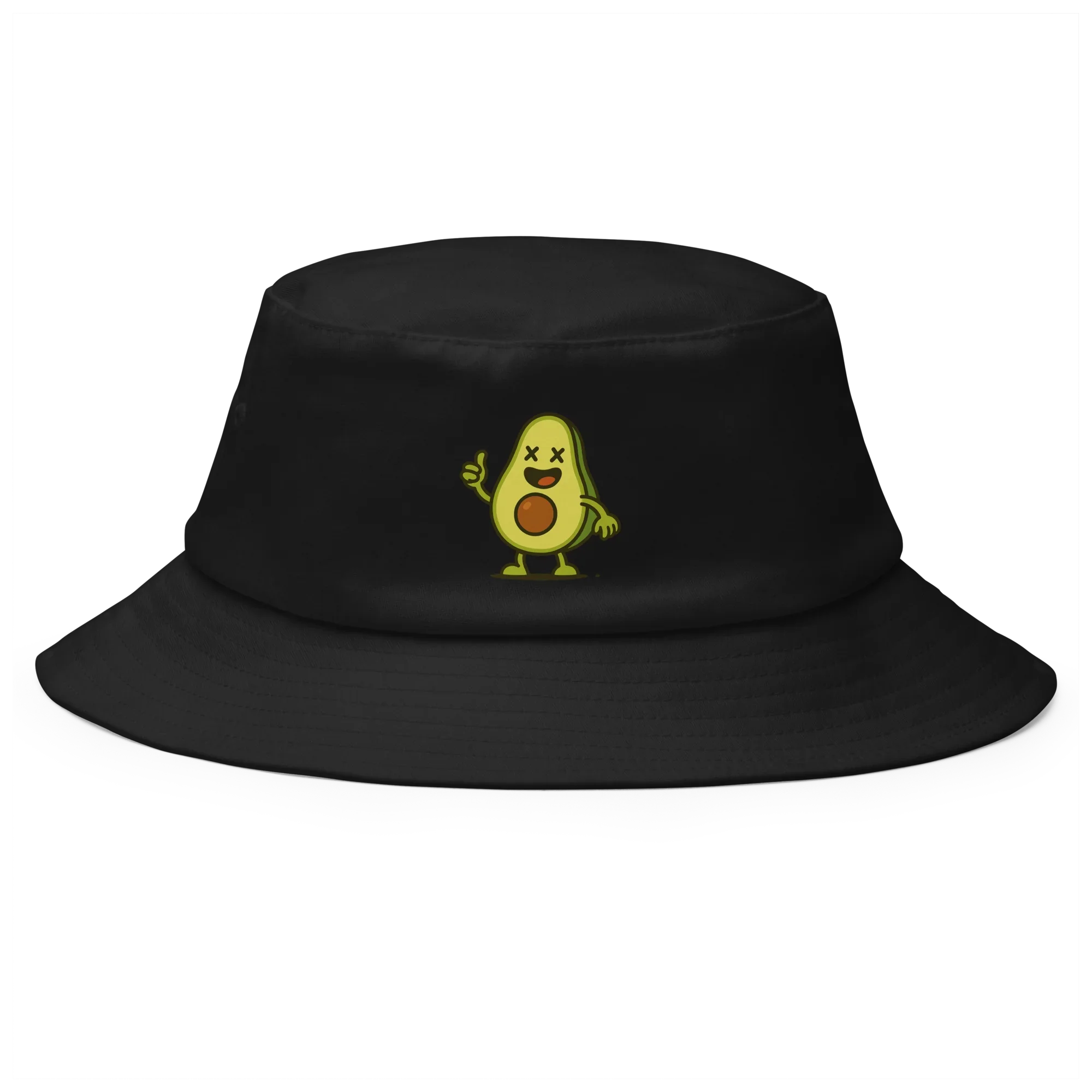 Sombrero bucket negro Doozy Headwear con dibujo de aguacate animado en el frente