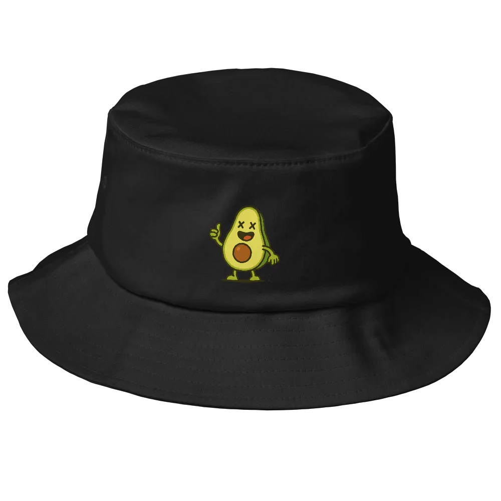Sombrero bucket negro Doozy Headwear con dibujo de aguacate animado en el frente