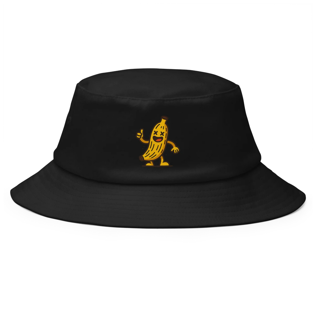 Sombrero bucket negro Doozy Headwear con dibujo de banana divertida amarilla al frente