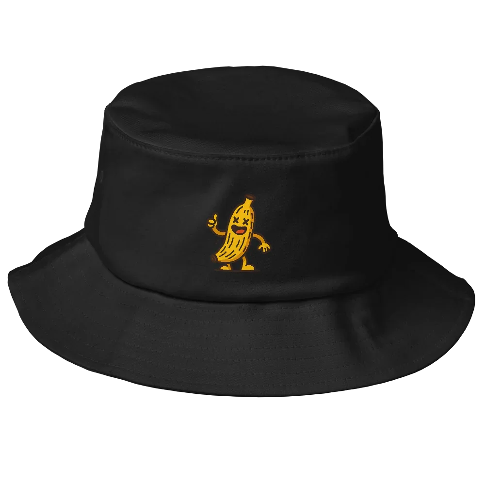 Sombrero bucket negro Doozy Headwear con dibujo amarillo de plátano sonriente en el frente