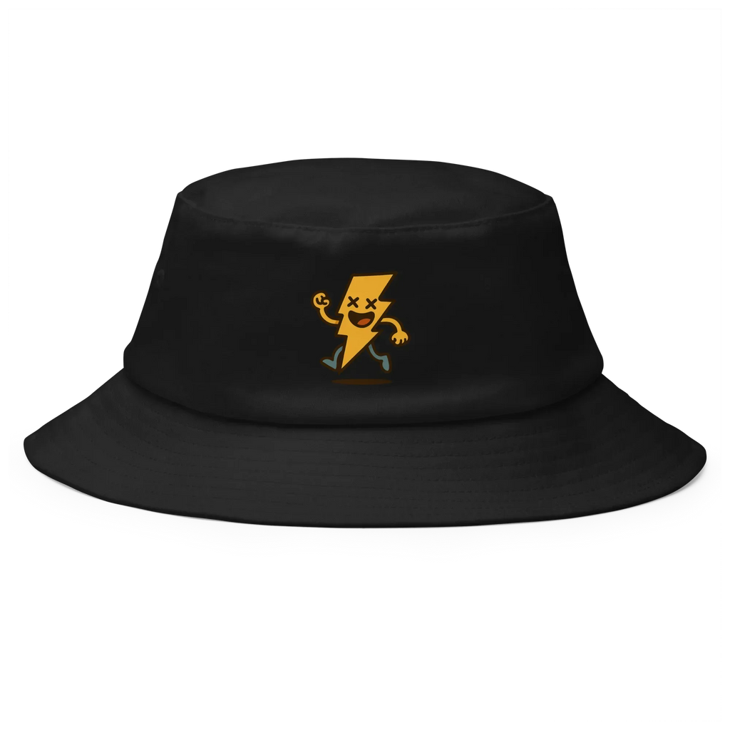 Sombrero bucket negro Doozy Headwear con logo rayo amarillo sonriente en el frente