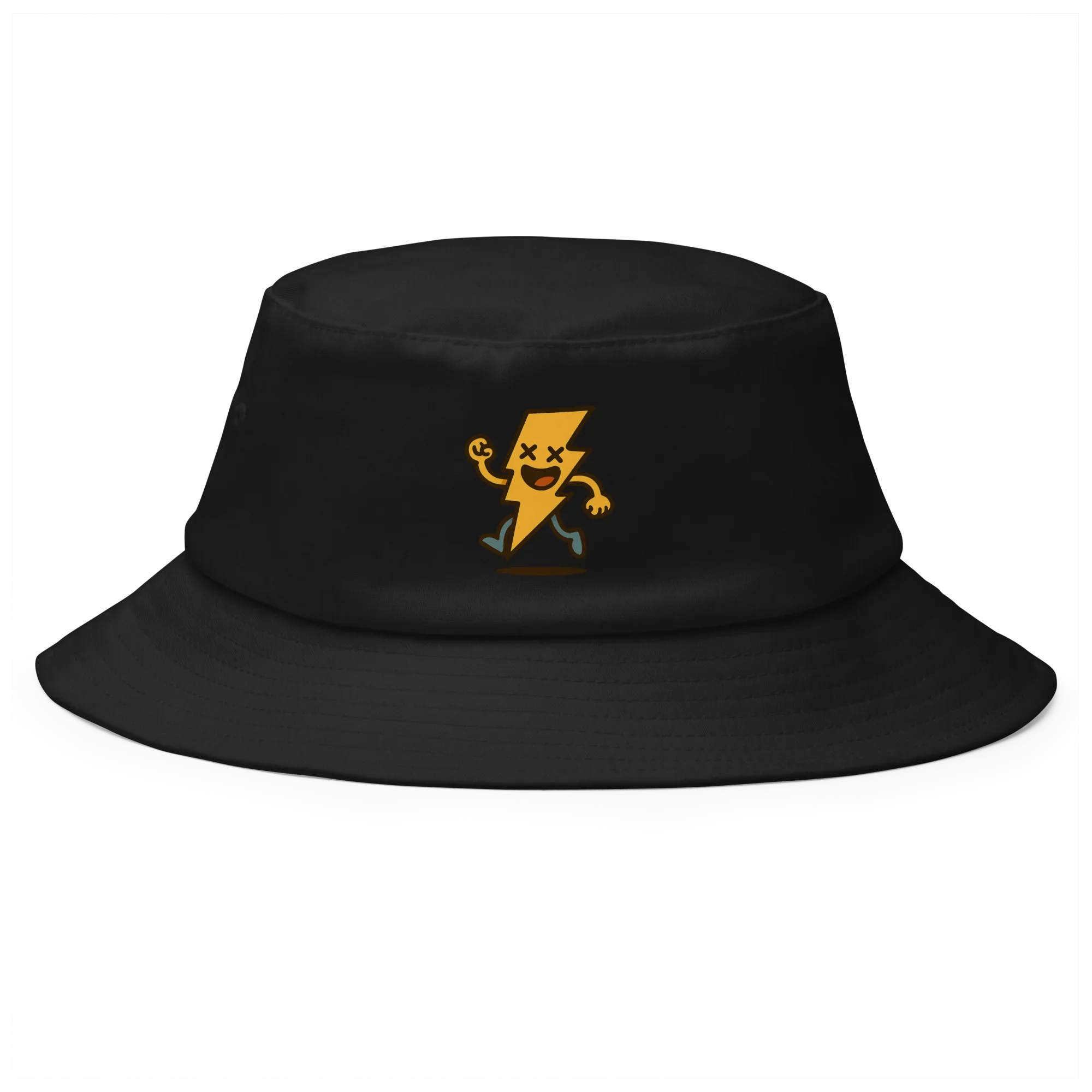 Sombrero bucket negro Doozy Headwear con logo rayo amarillo sonriente en el frente