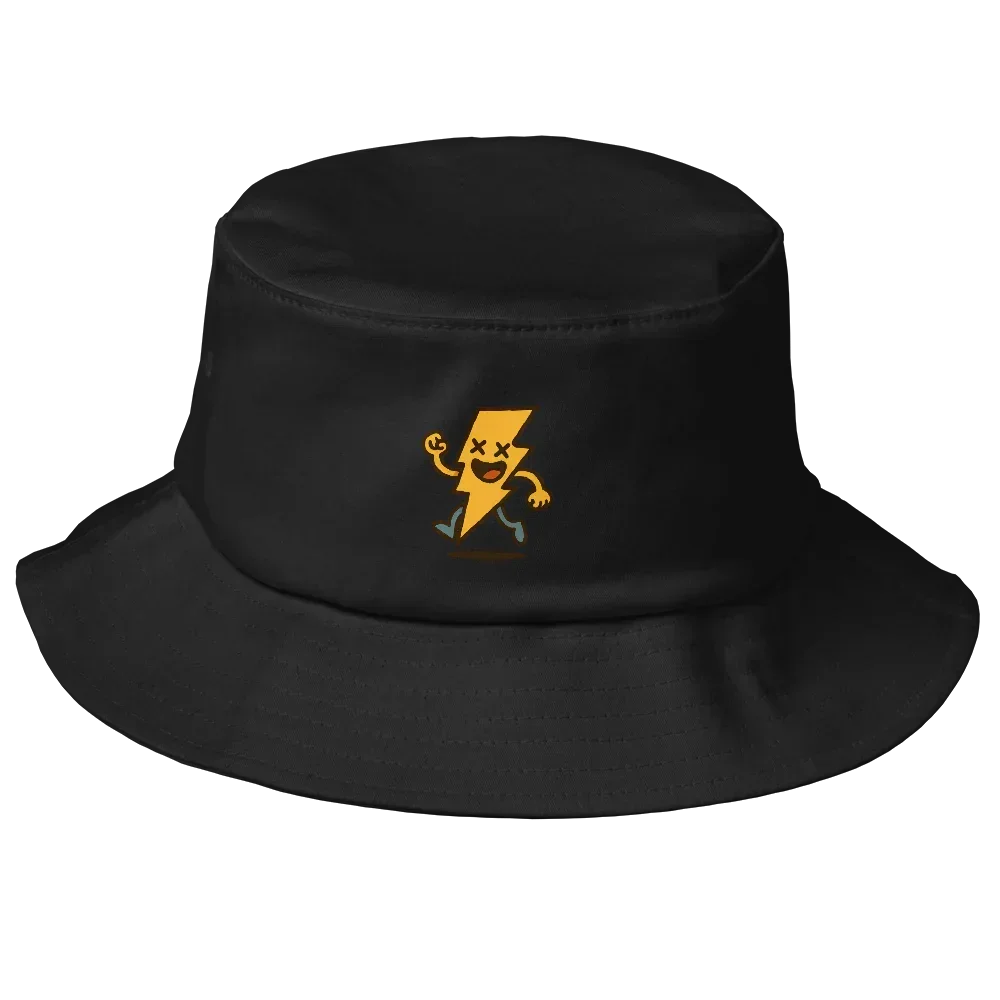 Sombrero bucket negro Doozy Headwear con rayo animado amarillo bordado en la parte frontal.
