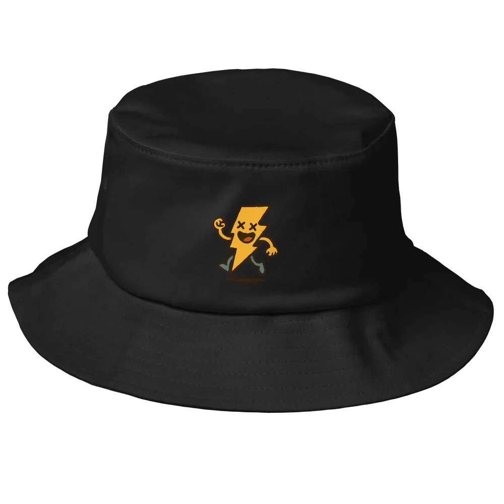 Sombrero bucket negro Doozy Headwear con rayo animado amarillo bordado en la parte frontal.