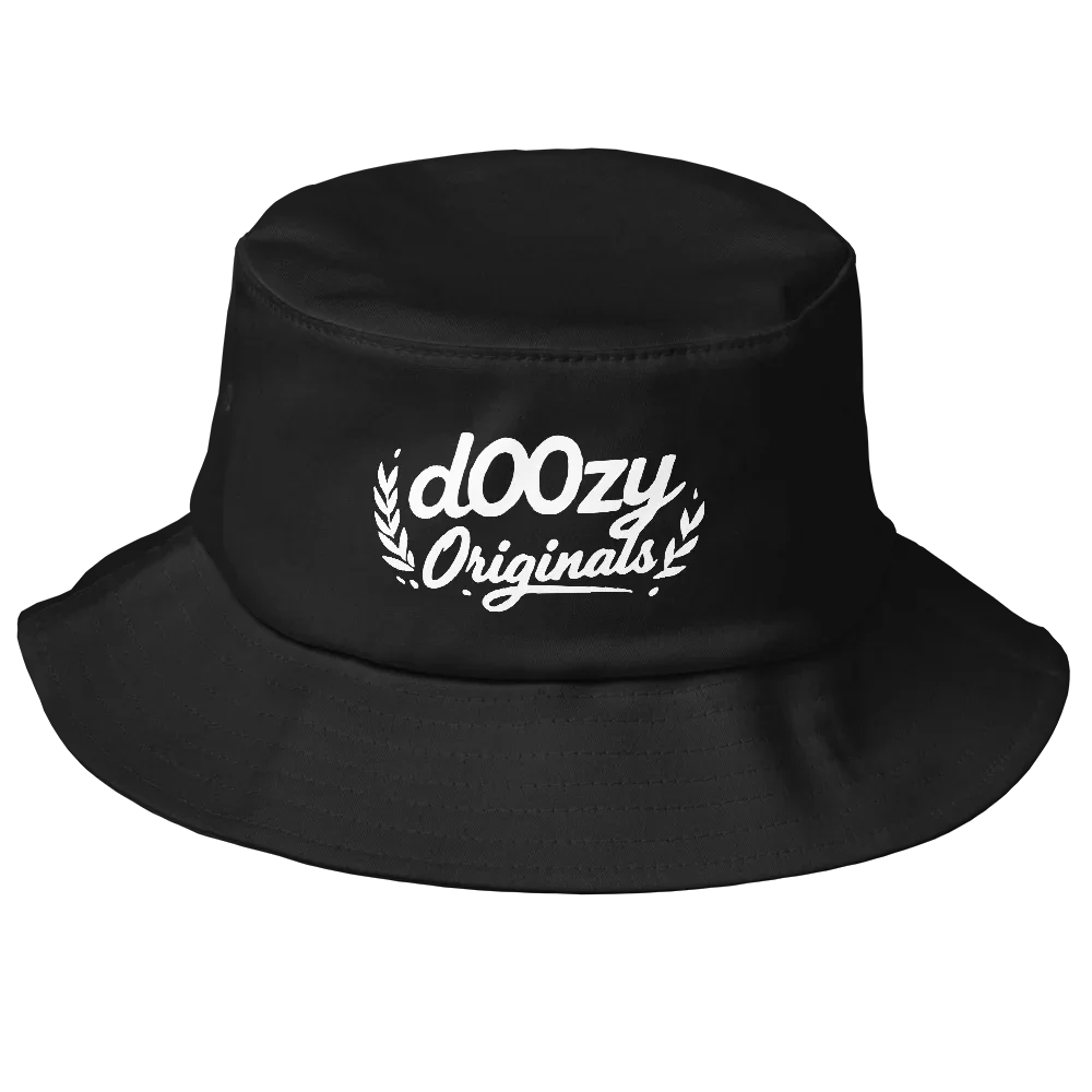 Sombrero bucket negro Doozy Headwear con logo dOOzy Originals en blanco