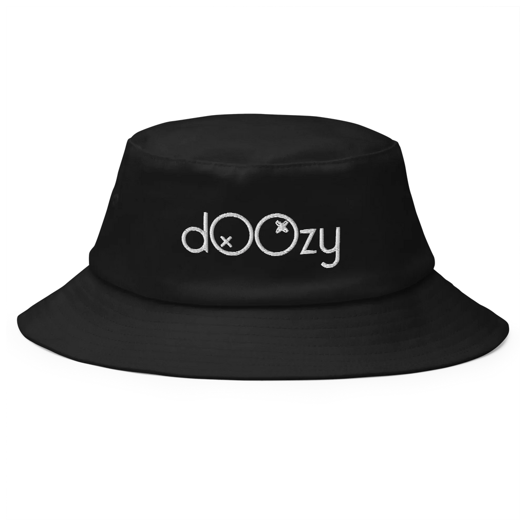 Sombrero bucket negro Doozy Headwear con logo bordado blanco en el centro