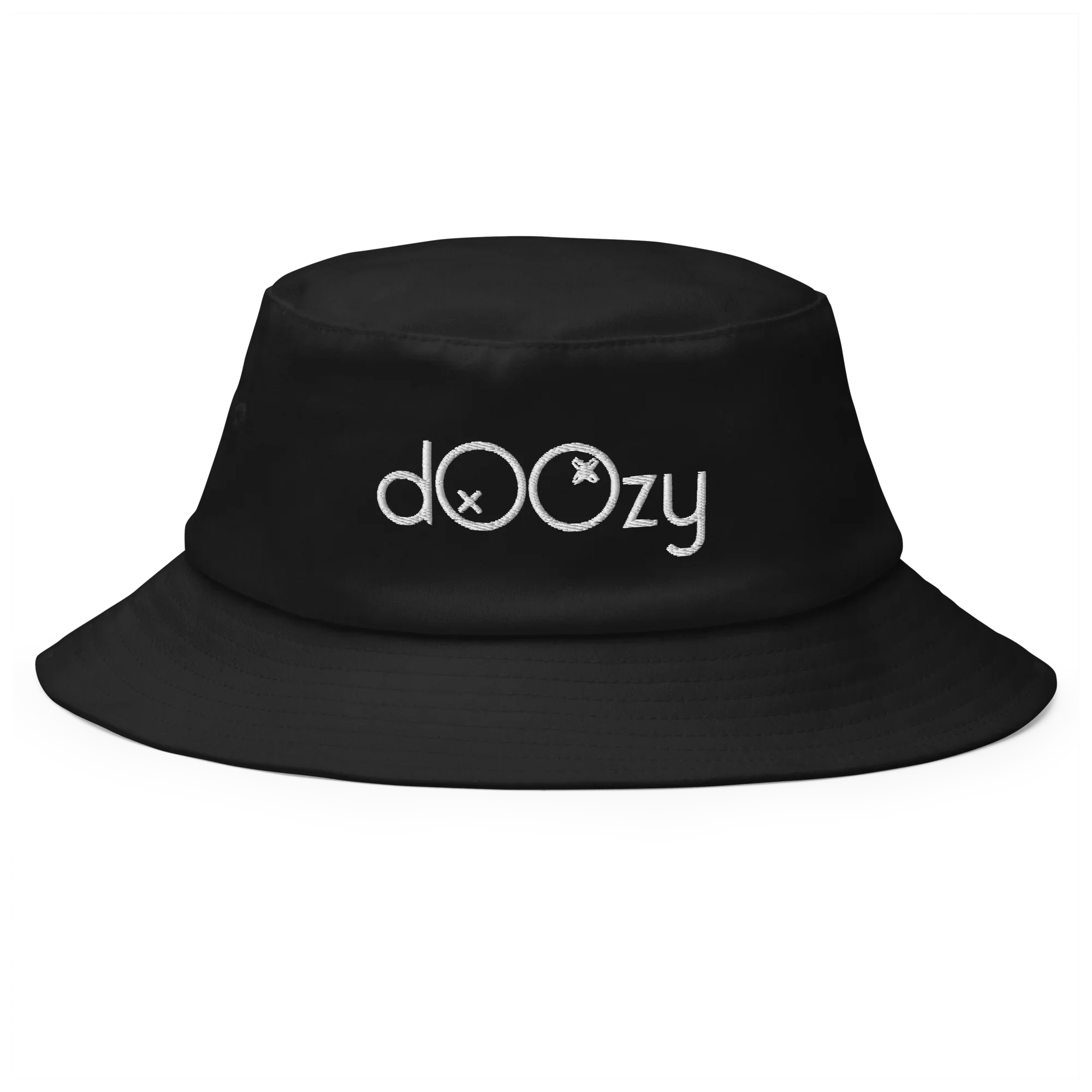 Sombrero bucket negro Doozy Headwear con logo bordado blanco en el centro